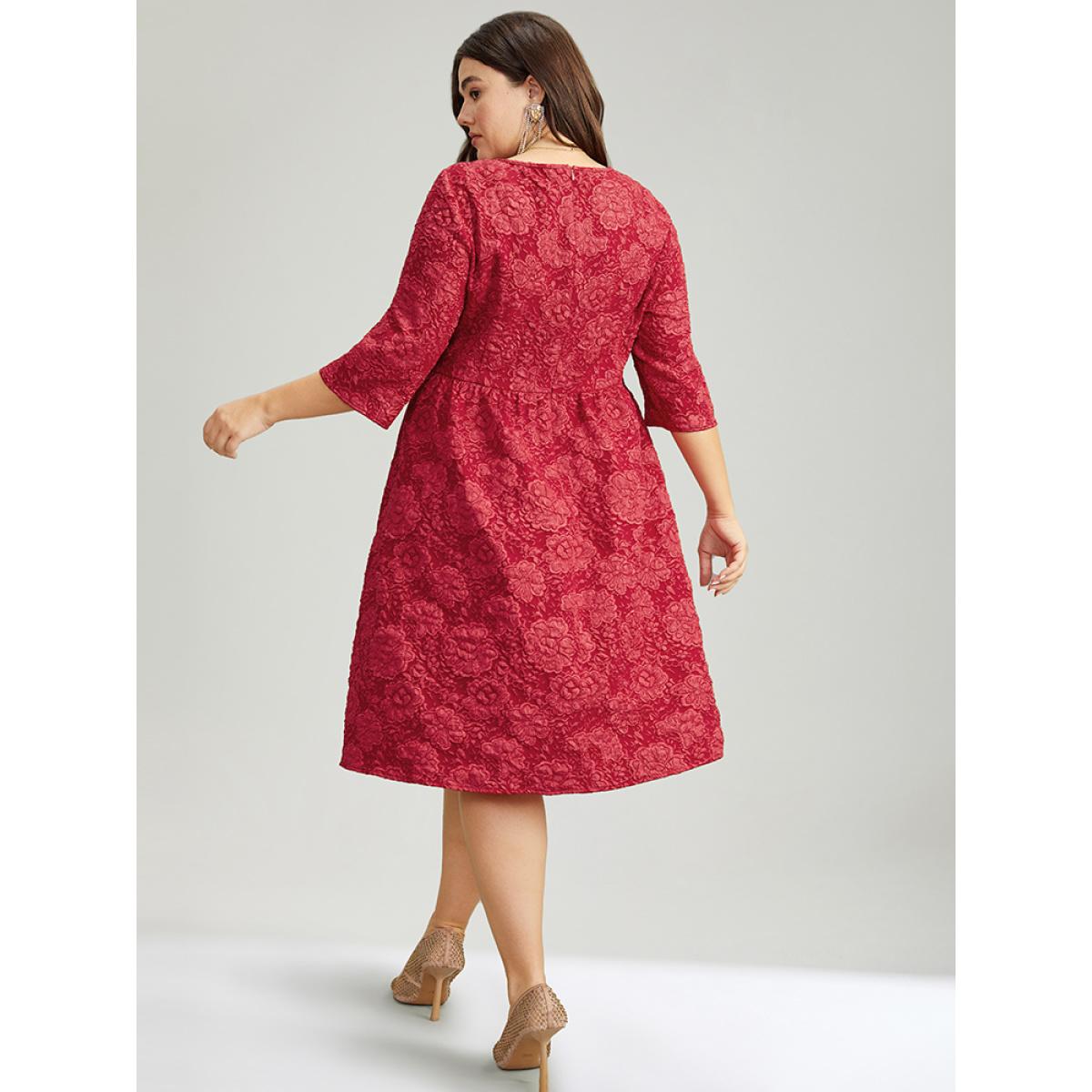 Plus Size Plain Textured Square Neck Pocket Dress Raspberry Women Party Texture Square Neck Elbow-length sleeve Curvy Knee Dress BloomChic 12/L Product Image