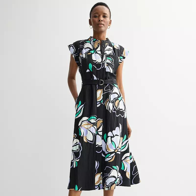 Women's Nine West Cap Sleeve Midi Shirt Dress, Size: Medium, Black Olivia Floral Product Image
