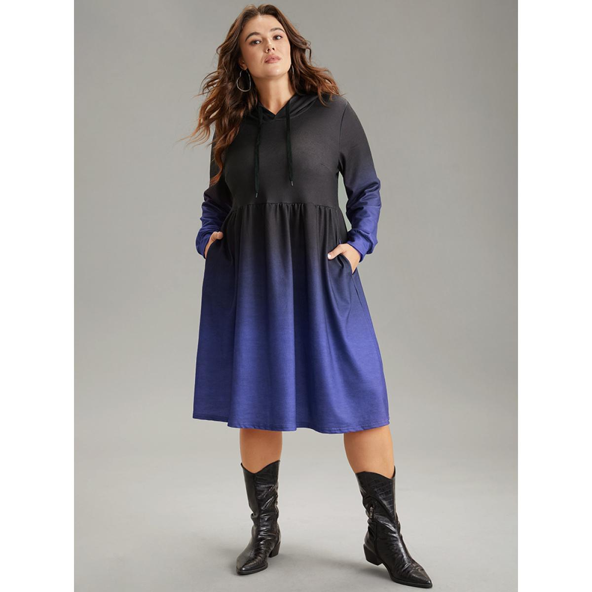 Plus Size Ombre Elastic Waist Drawstring Hooded Dress Scarlet Women Casual Printed Hooded Long Sleeve Curvy Midi Dress BloomChic 30/6X Product Image