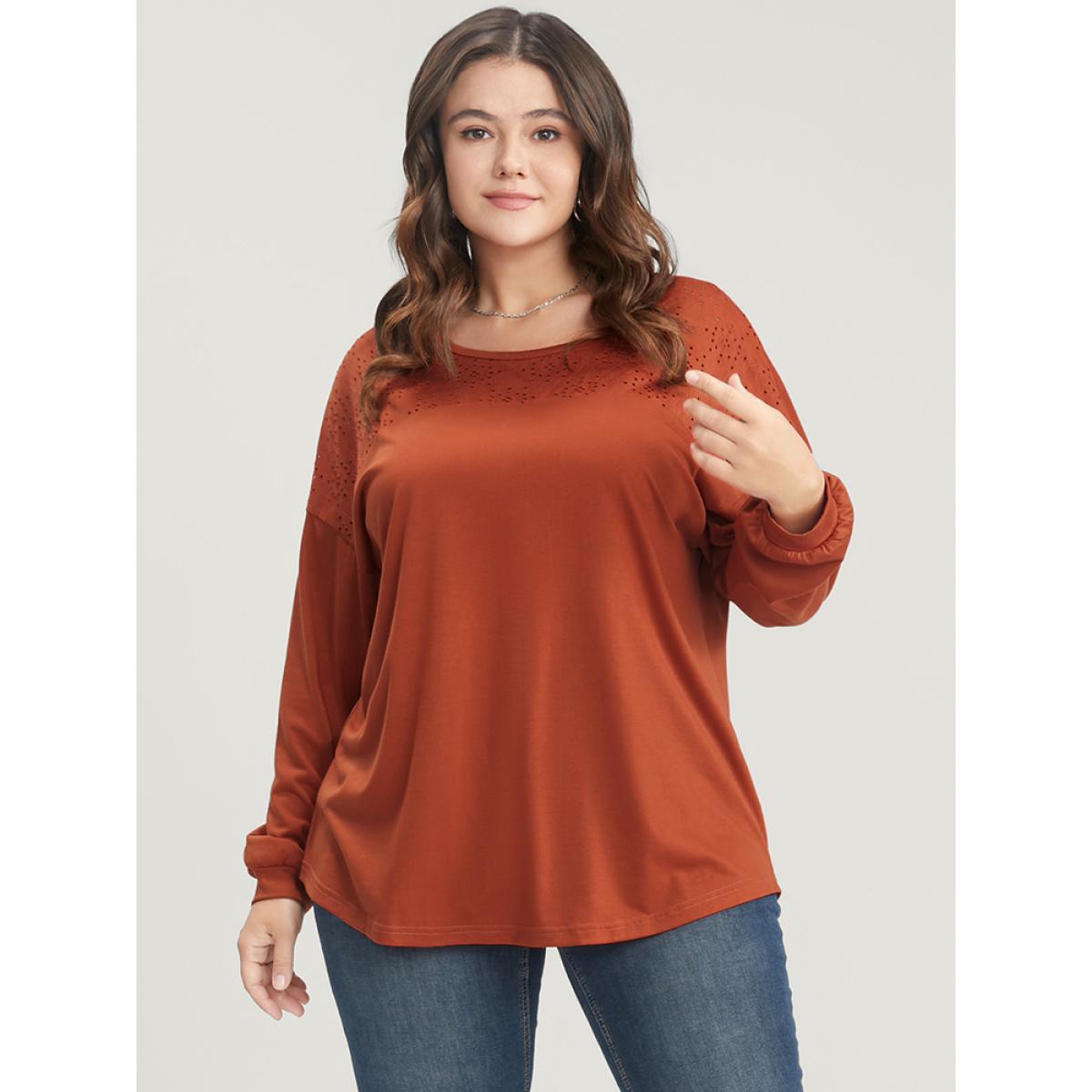 Plus Size Solid Round Neck Eyelet Insert Long Tee Rust Women Casual Patchwork Plain Round Neck Dailywear T-shirts BloomChic 10/M Product Image
