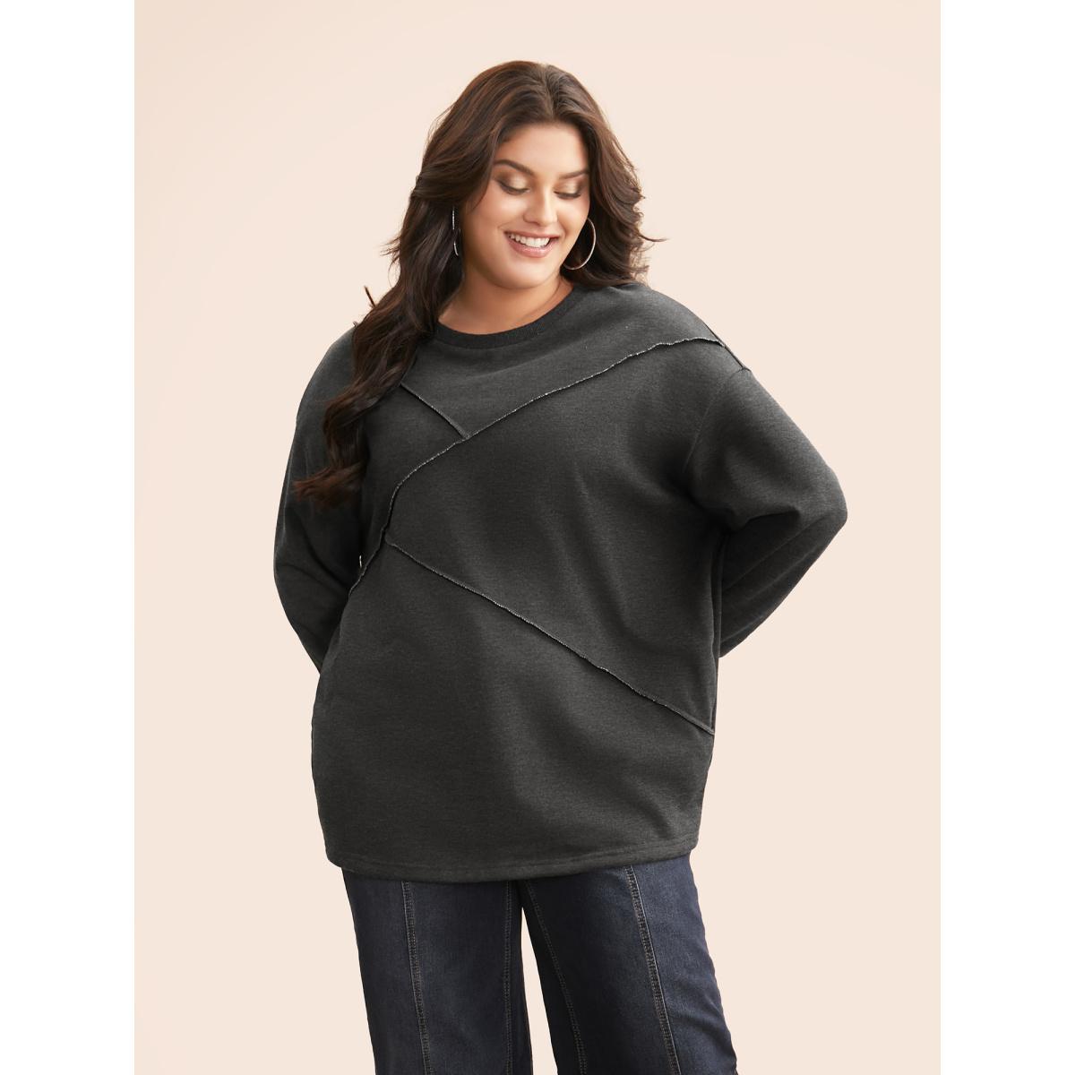 Plus Size Tucked Seam Drop Shoulder Sleeve Sweatshirt Women DimGray Casual Tucked seam Loose Round Neck Everyday Sweatshirts BloomChic 26/4X Product Image