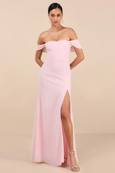 Magical Magnetism Light Pink Off-the-Shoulder Maxi Dress Product Image