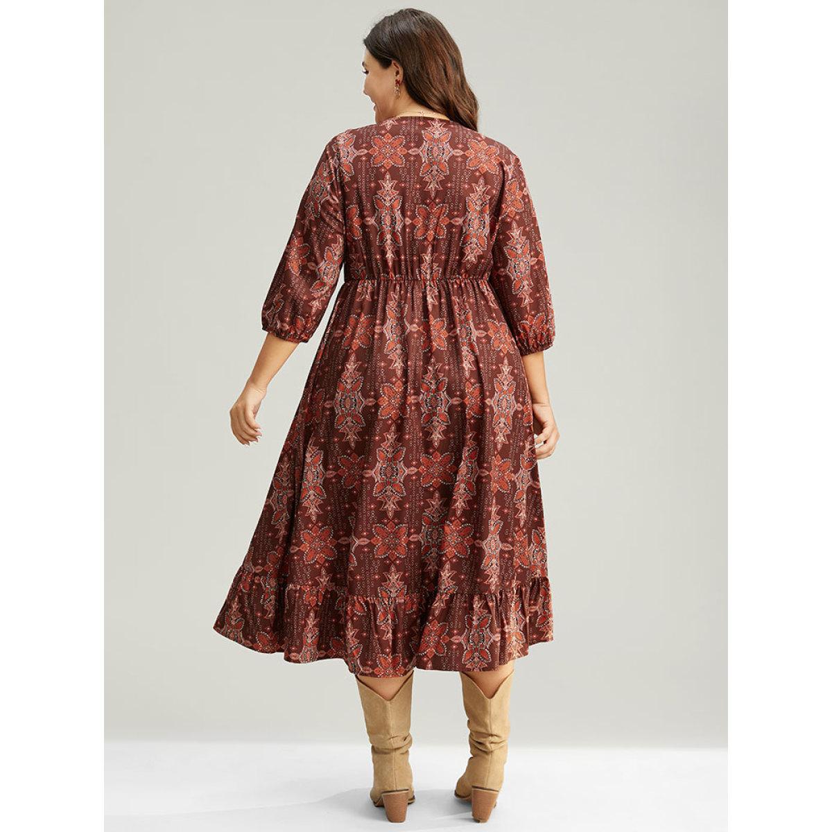 Plus Size Christmas Boho Print Wrap Ruffle Layered Hem Dress Raspberry Women Office Elastic cuffs Overlap Collar Elbow-length sleeve Curvy Midi Dress BloomChic 12/L Product Image