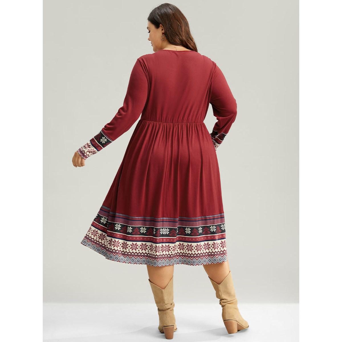 Plus Size Christmas Boho Print Patchwork Elastic Waist Dress Raspberry Women Casual Gathered Round Neck Long Sleeve Curvy Midi Dress BloomChic 30/6X Product Image