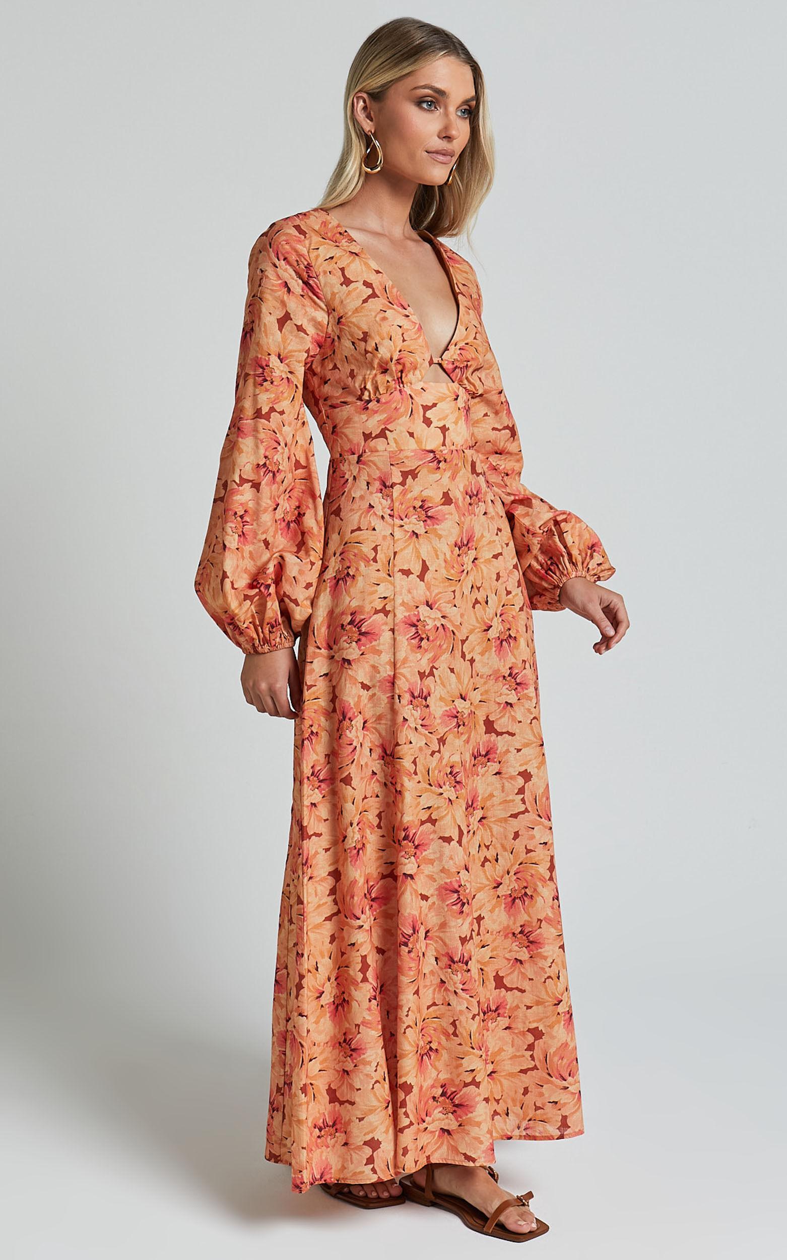 Amalie The Label - Maraien Linen Blend V Neck Front Keyhole Maxi Dress in Valencia Print Product Image