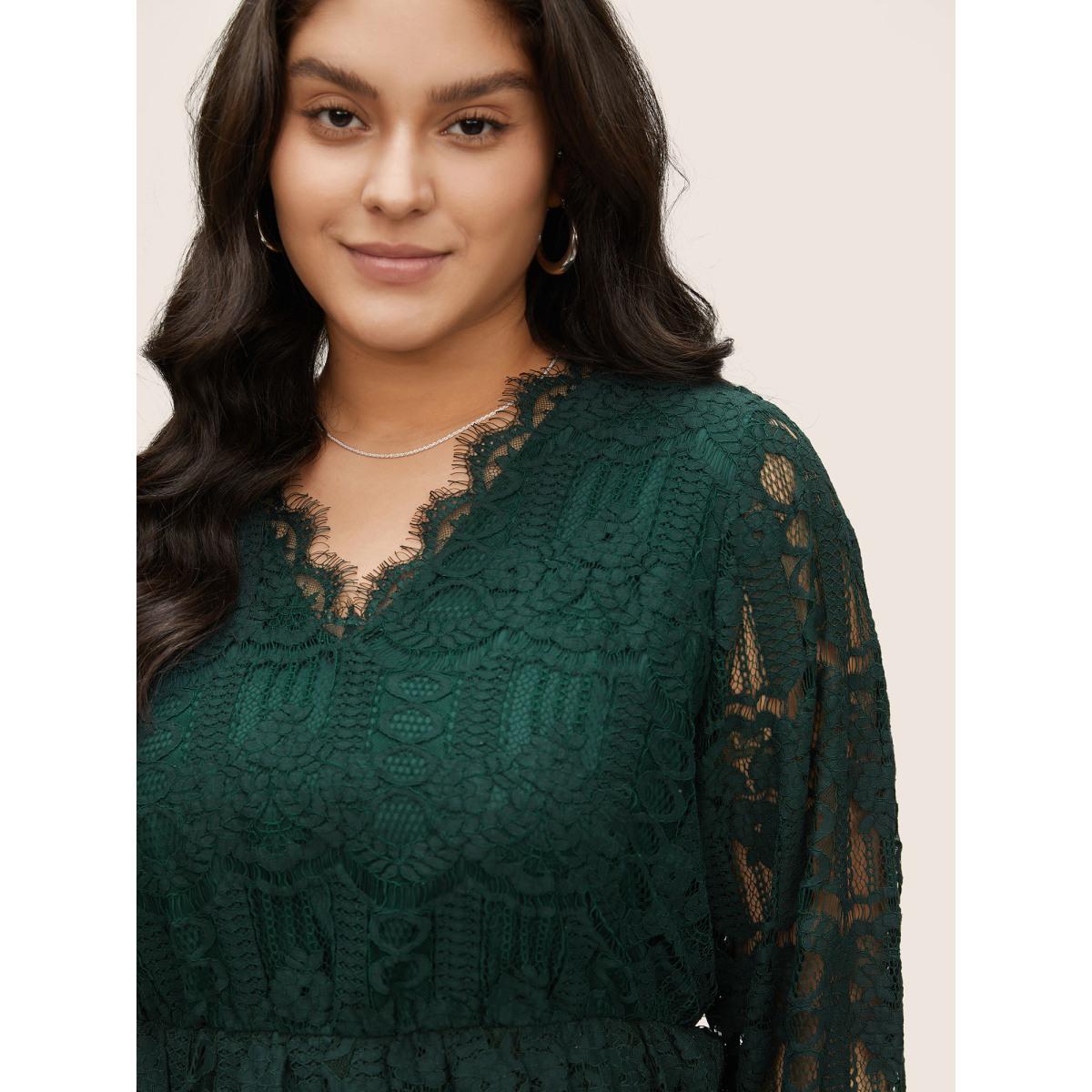 Plus Size DarkGreen Solid Lace Patchwork Elastic Waist Blouse Women Elegant Long Sleeve V-neck Party Blouses BloomChic 18-20/2X Product Image