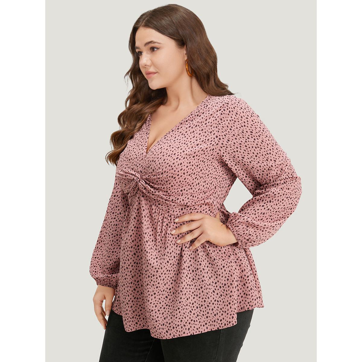 Plus Size Rouge Dot Print Twist Front Gathered V Neck Blouse Women Elegant Long Sleeve V-neck Everyday Blouses BloomChic 12/L Product Image