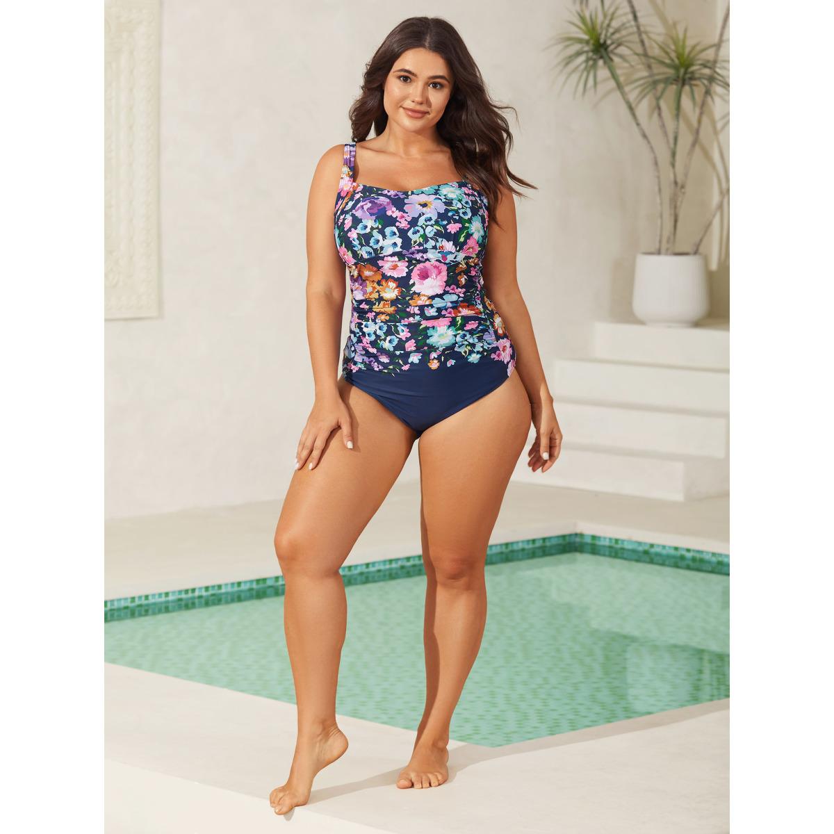 Plus Size Floral Fun Ruched One-Piece Swimsuit Women's Swimwear Indigo Resort Gathered Curve Bathing Suits High stretch One Pieces BloomChic 10/M Product Image