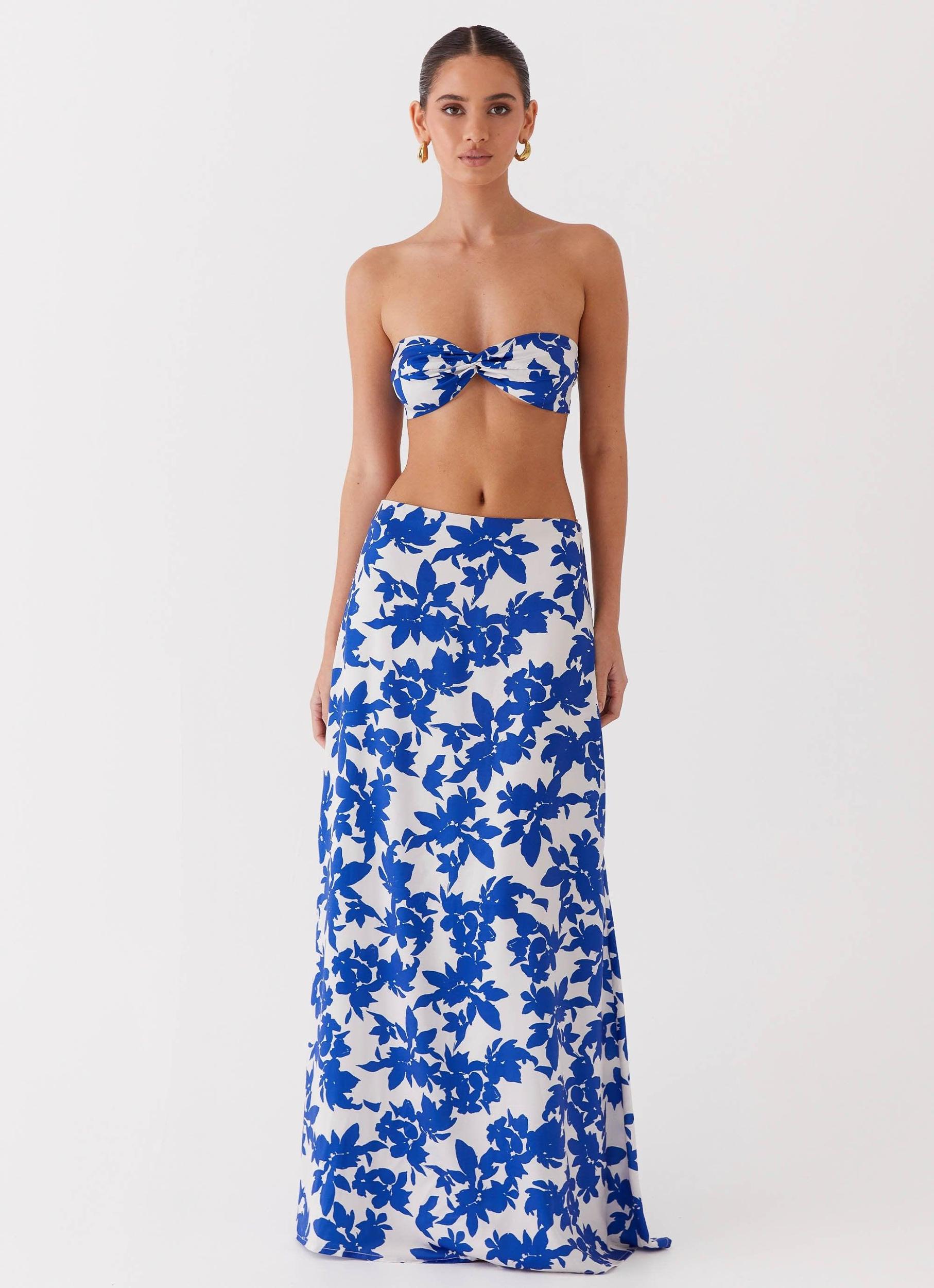Sky Gaze Low Rise Maxi Skirt - Blue Floral Product Image