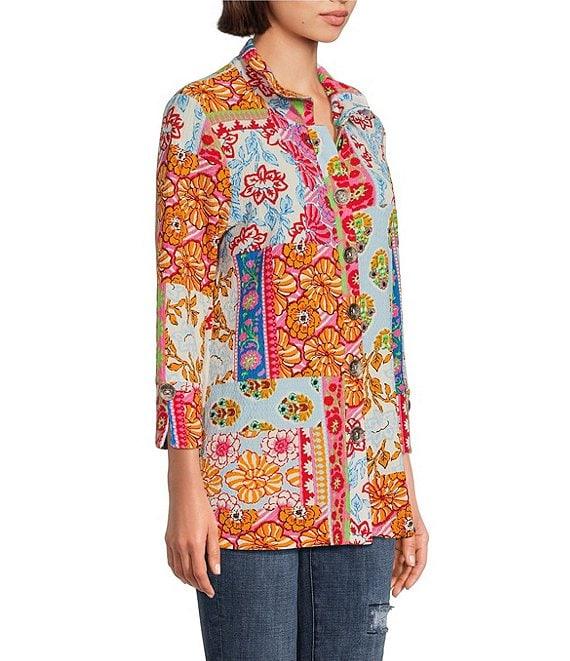 Calessa Petite Size Printed Ruffled Stand Collar Long Sleeve Button Front Tunic Product Image