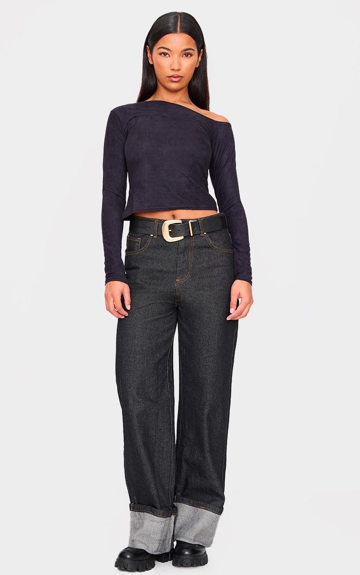 Black Faux Suede Asymmetric Neck Long Sleeve Top Product Image