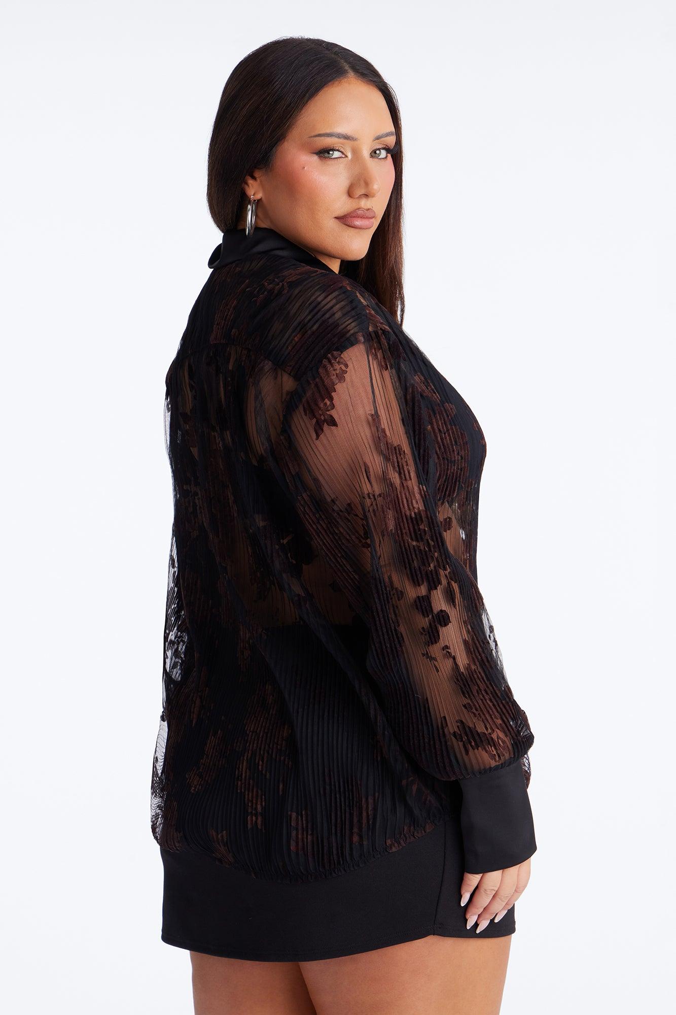 Autumn Velvet Floral Mesh Shirt - Black/combo Female Product Image