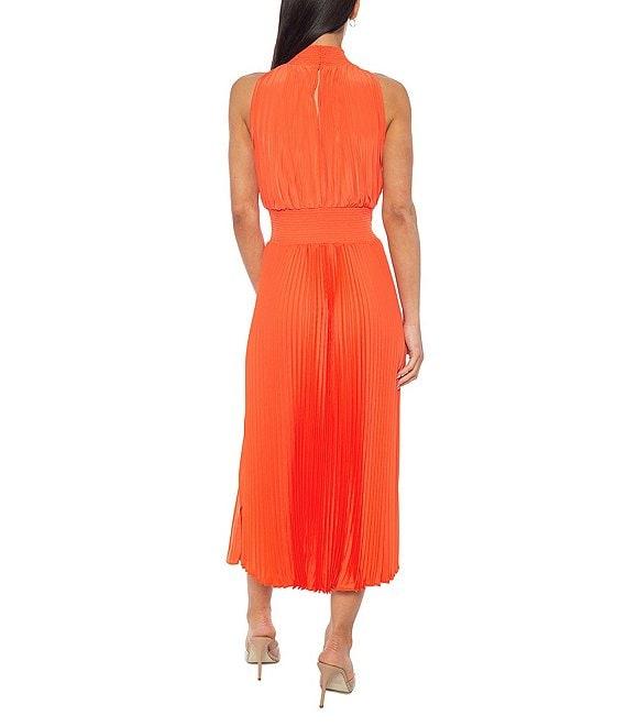 Marina Sleeveless Halter Mock Neck Smocked Pleated Crepe Chiffon A-Line Midi Dress Product Image