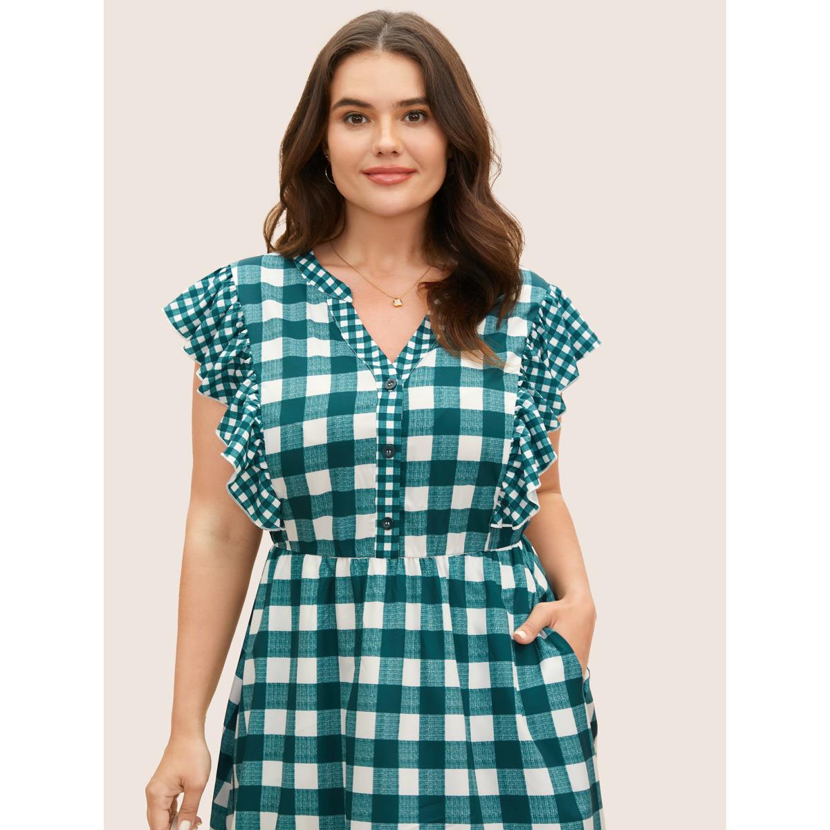 Plus Size Plaid Notched Ruffle Cap Sleeve Midi Dress Teal Women At the Office Patchwork Flat collar with V-notch Cap Sleeve Curvy BloomChic 22-24/3X Product Image