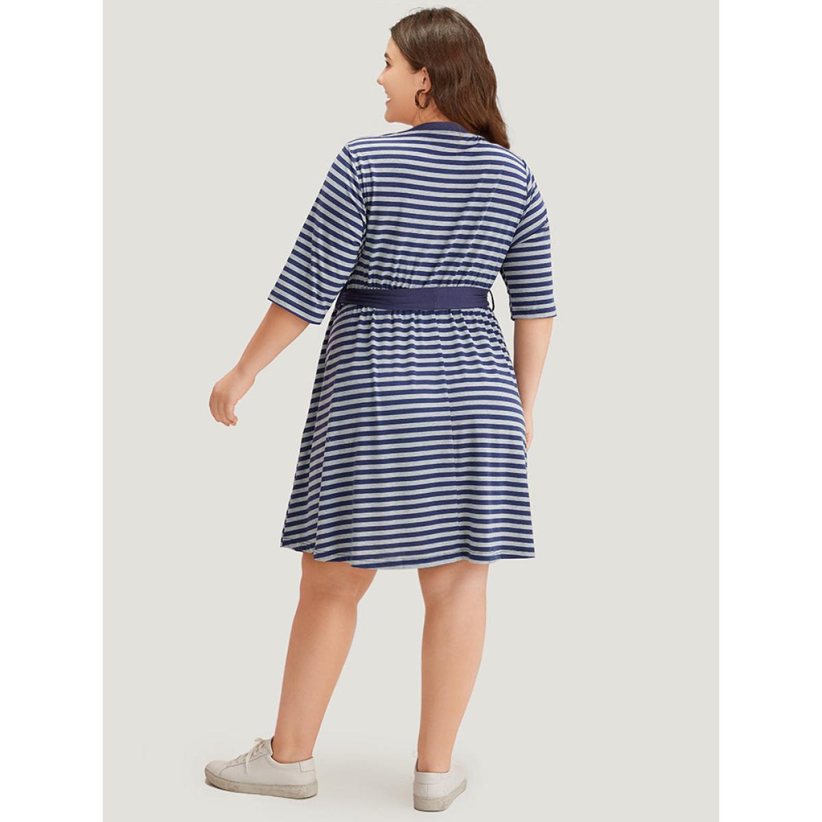 Plus Size Striped Pocket Button Up Belted Crew Neck Dress Indigo Women Casual Belted Round Neck Half Sleeve Curvy Midi Dress BloomChic 14-16/1X Product Image