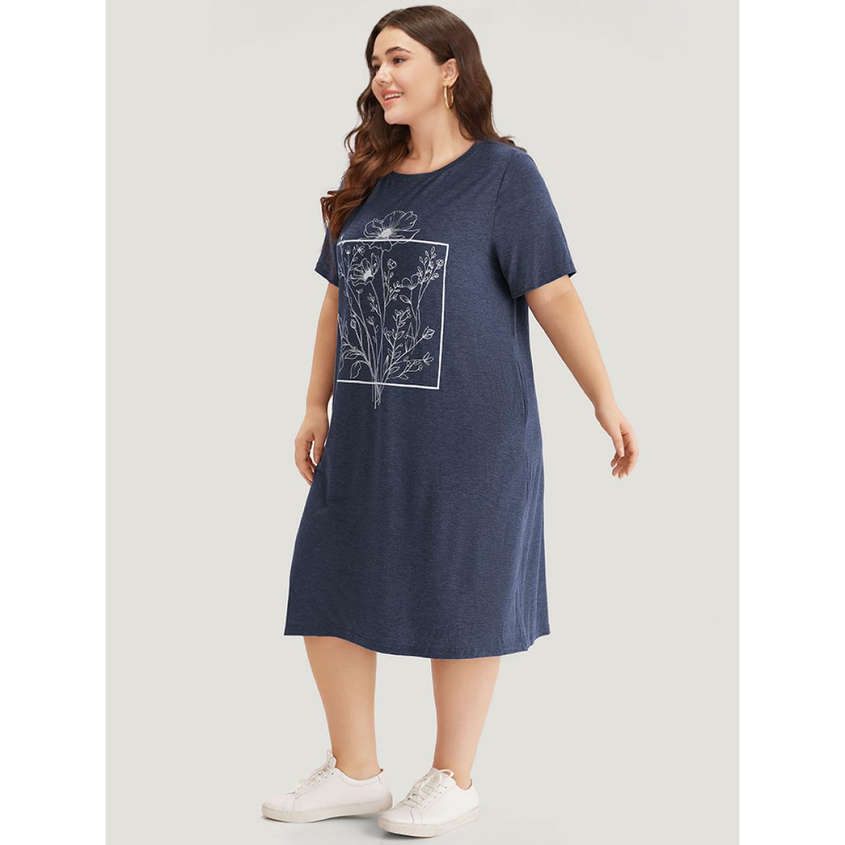 Plus Size Supersoft Essentials Floral Print Pocket Round Neck Dress Indigo Women Casual Plain Curvy Midi Dress BloomChic 22-24/3X Product Image