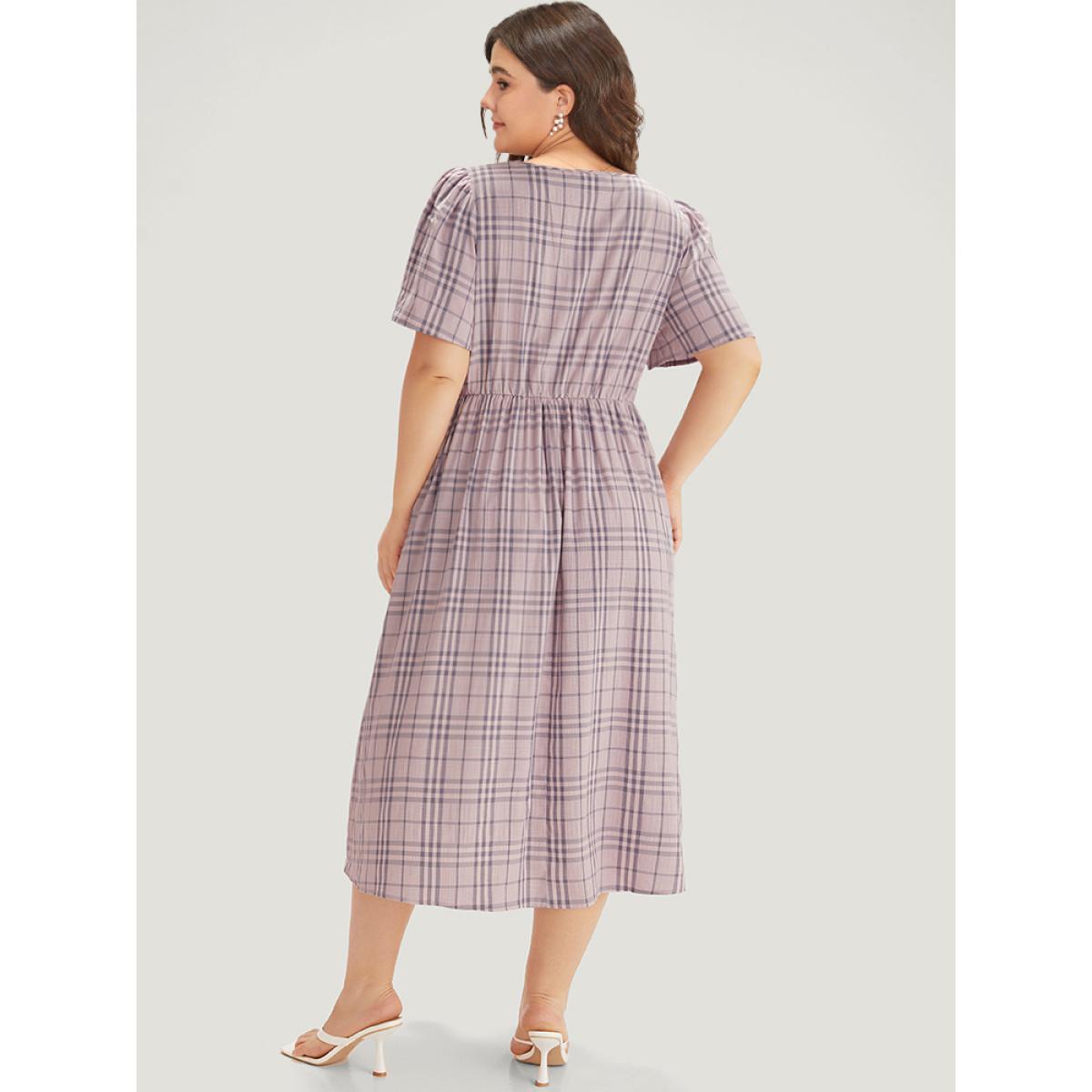 Plus Size Plaid V Neck Gathered Ruffle Sleeve Dress Lavender Women Elegant Gathered V-neck Short sleeve Curvy Midi Dress BloomChic 26/4X Product Image