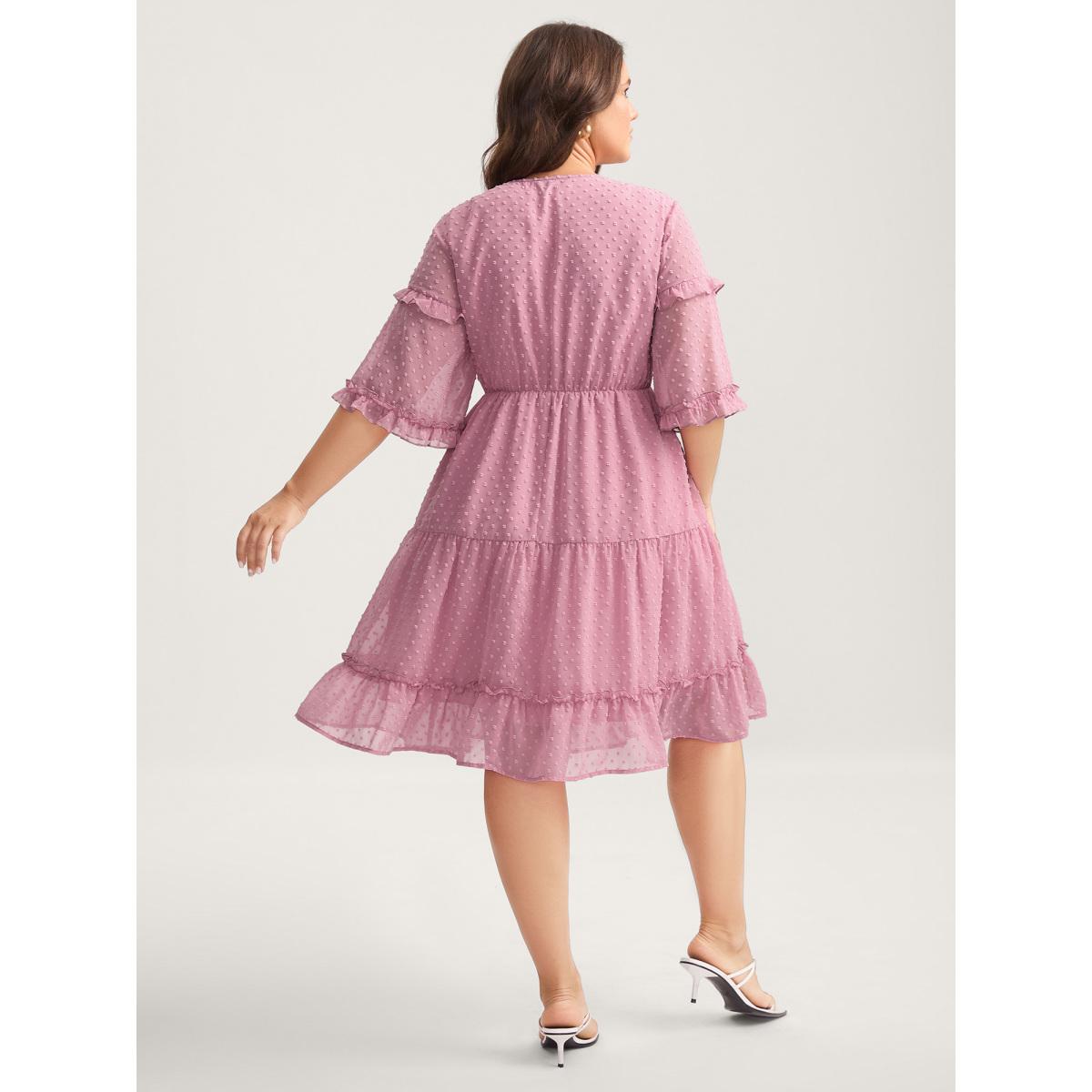 Plus Size Textured Ruffled Trim Surplice Midi Dress Watermelon Women Overlap Collar Half Sleeve Curvy BloomChic 14-16/1X Product Image