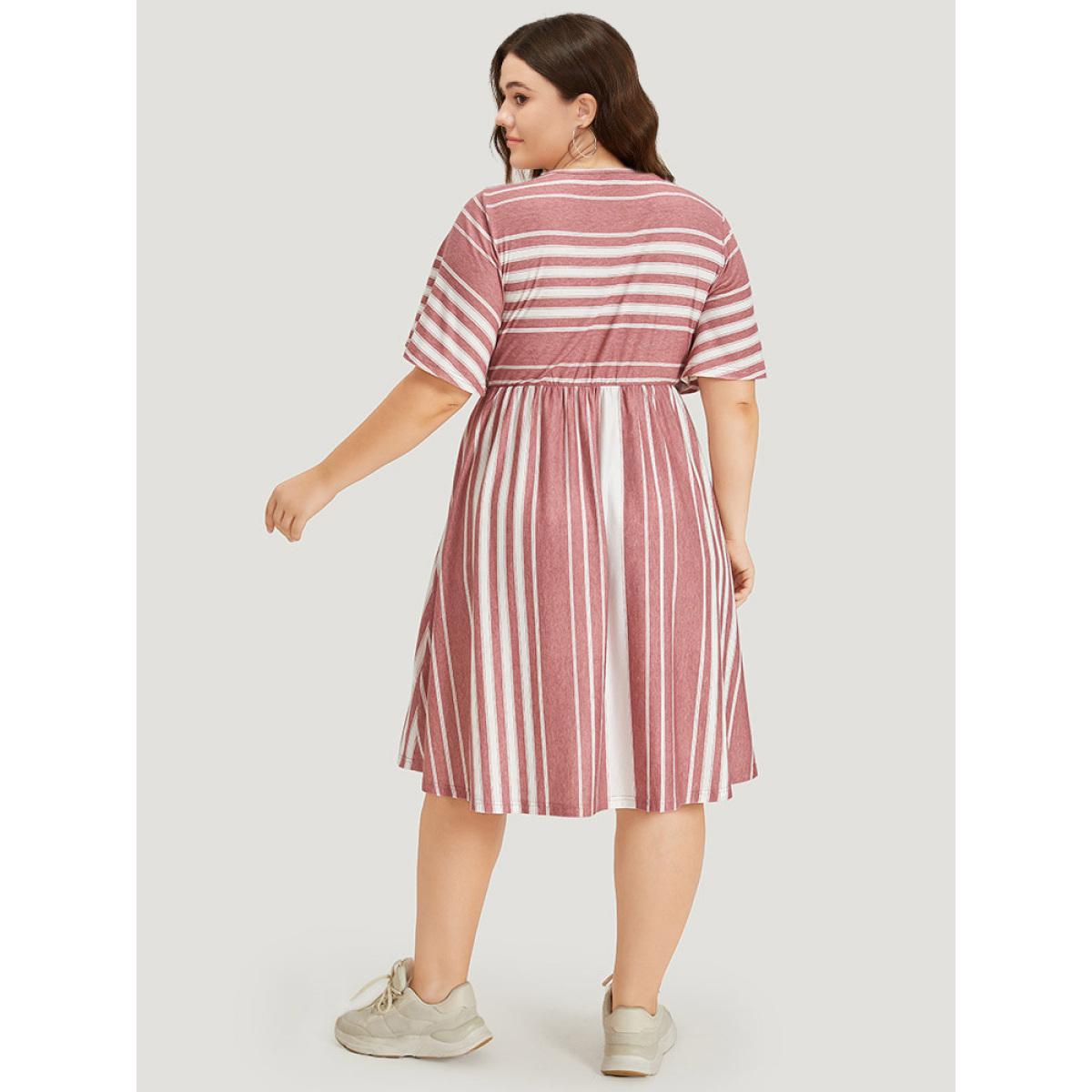 Plus Size Striped Print Pocket Twist Front Dress DustyPink Women Casual Elastic Waist V-neck Short sleeve Curvy Midi Dress BloomChic 22-24/3X Product Image