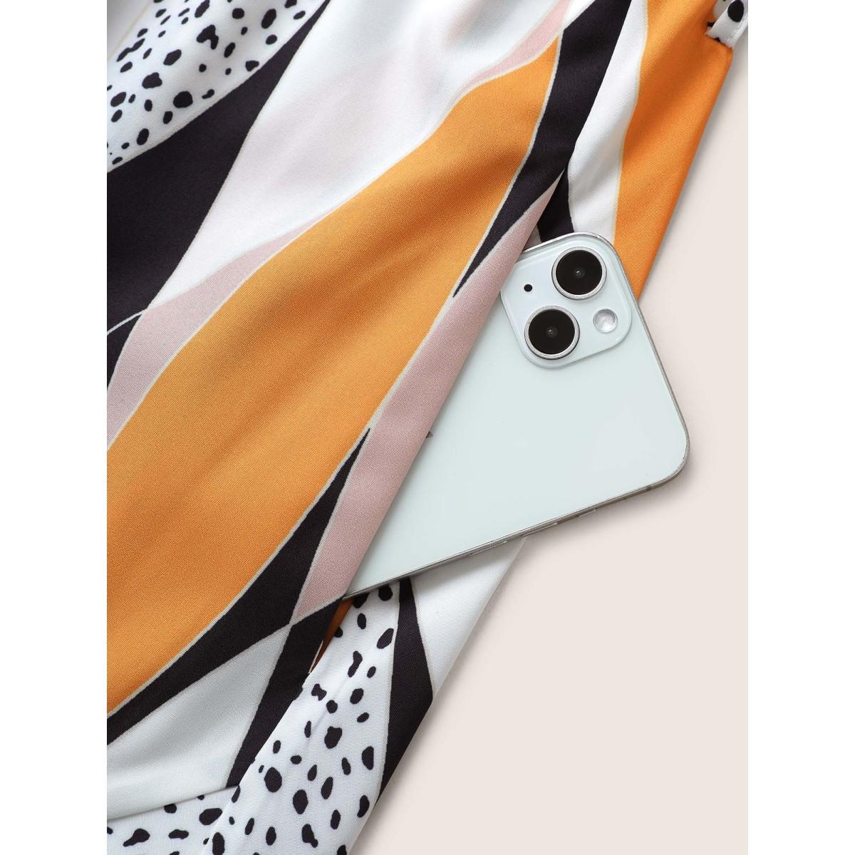 Plus Size Geometric Contrast Overlap Collar Belted Ruffle Sleeve Dress Multicolor Women At the Office Overlapping Overlap Collar Short sleeve Curvy Midi Dress BloomChic 10/M Product Image