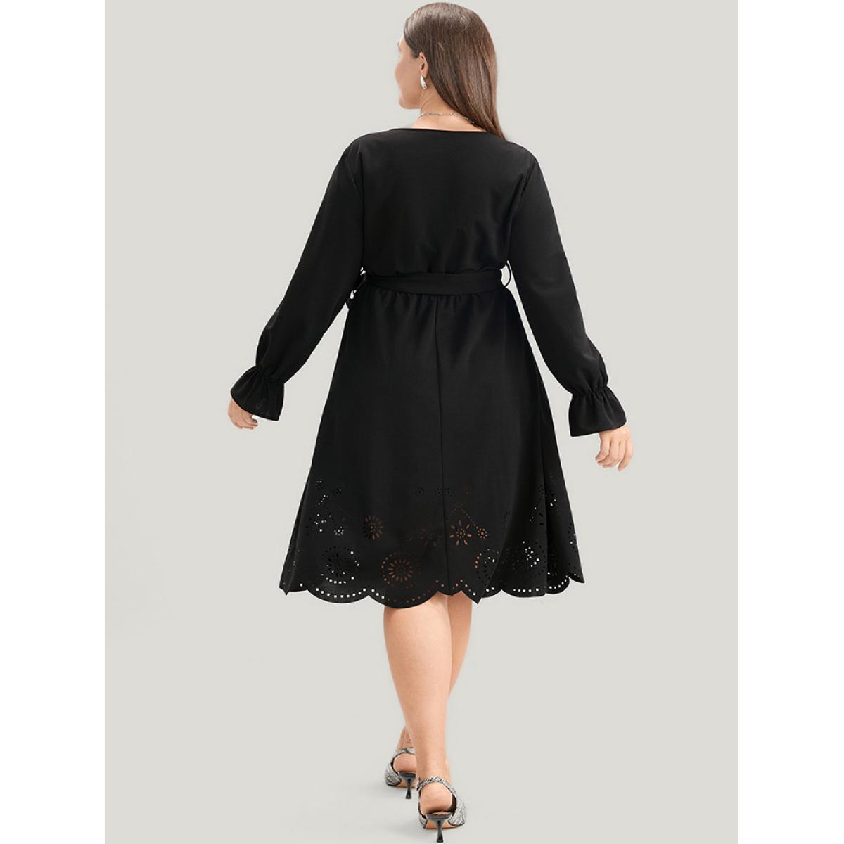 Plus Size Solid Wrap Pocket Belted Laser Cut Knee Dress Black Women Elegant Plain V-neck Long Sleeve Curvy Knee Dress BloomChic 10/M Product Image