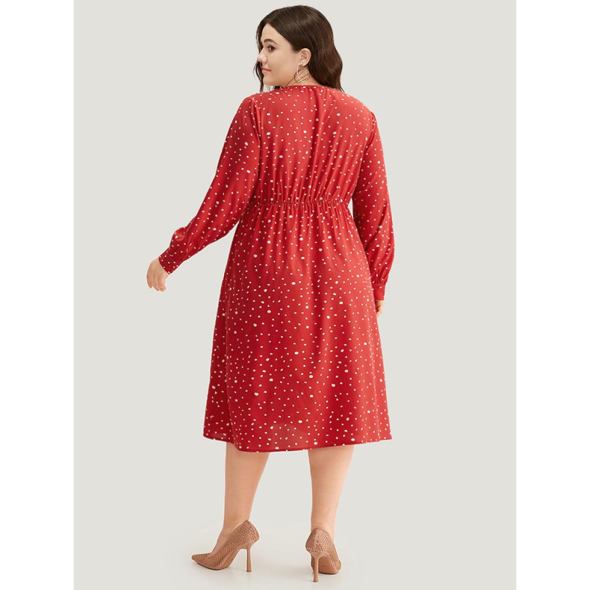 Plus Size Polka Dot Button Detail Pleated Dress Crimson Women Elegant Printed V-neck Long Sleeve Curvy Midi Dress BloomChic 26/4X Product Image