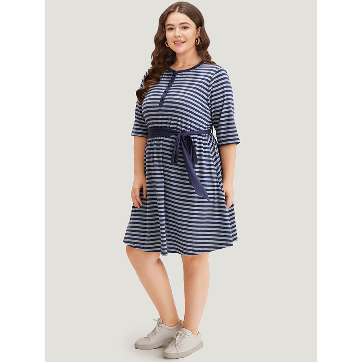 Plus Size Striped Pocket Button Up Belted Crew Neck Dress Indigo Women Casual Belted Round Neck Half Sleeve Curvy Midi Dress BloomChic 14-16/1X Product Image