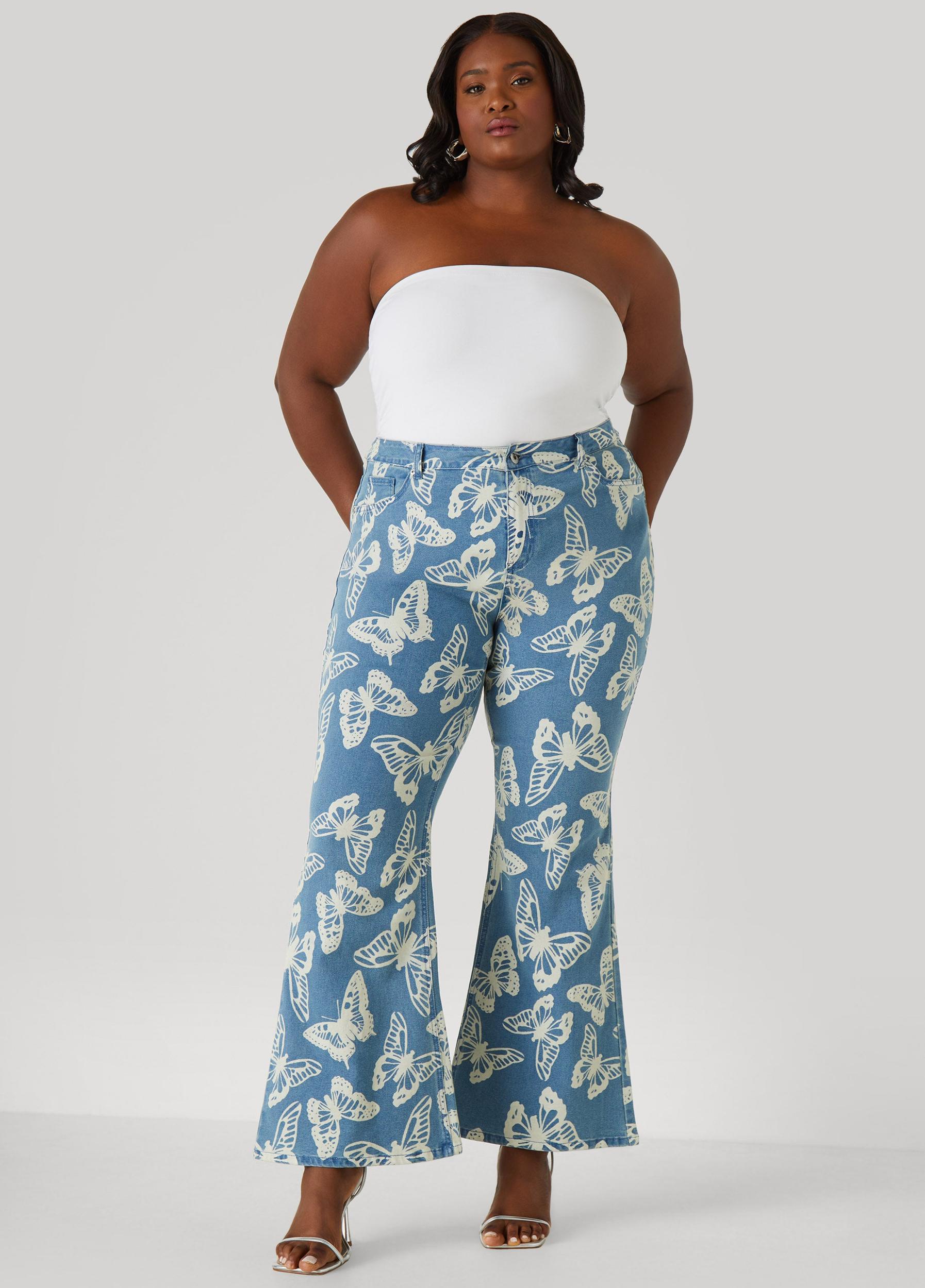 Plus Size Butterfly Print Flared Jeans Ashley Stewart Product Image