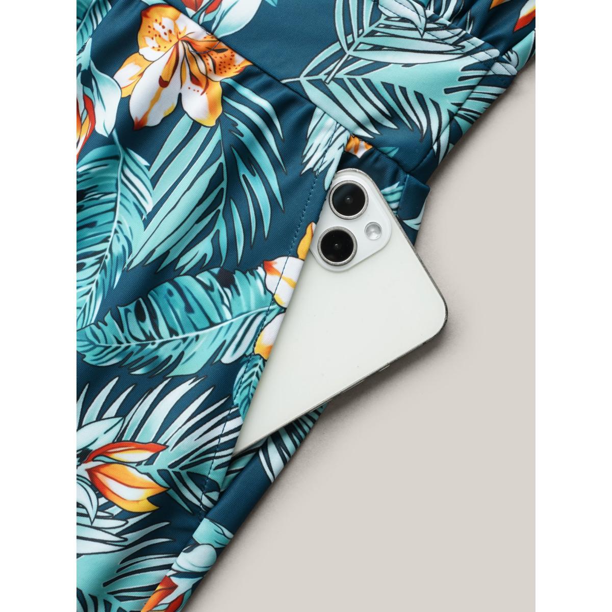 Plus Size Tropical Flower Print Pockets One-Piece Swimsuit Women's Swimwear Deepred Resort Gathered Curve Bathing Suits High stretch One Pieces BloomChic 14-16/1X Product Image