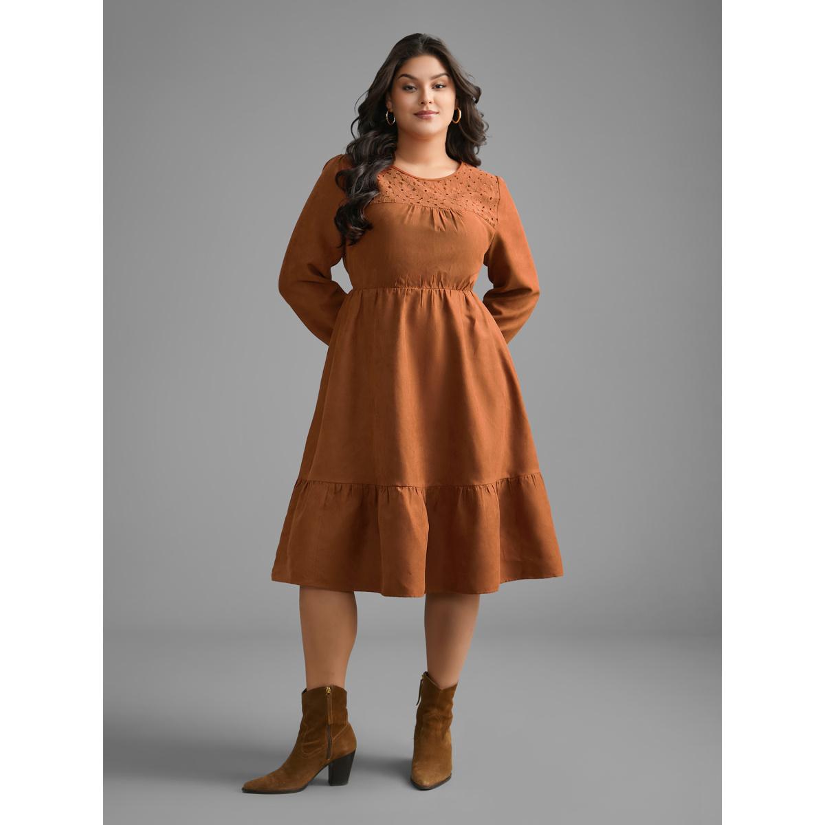 Plus Size Faux Suede Lace Panel Lantern Sleeve Dress Yellowishbrown Women Timeless Texture Round Neck Long Sleeve Curvy BloomChic 30/6X Product Image