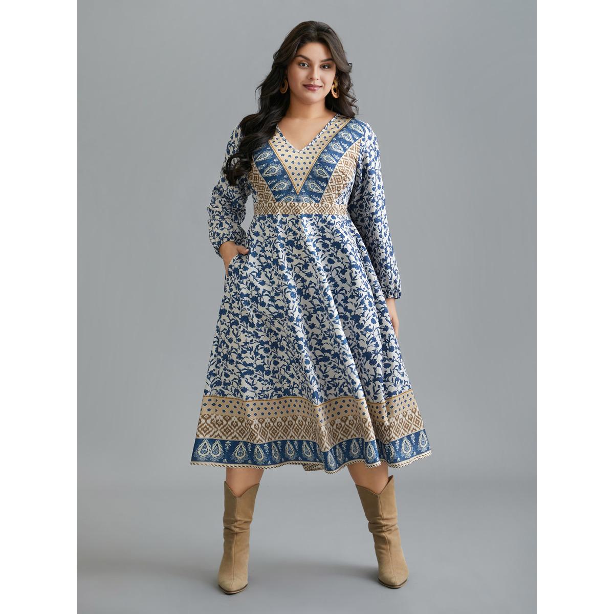 Plus Size Boho Print V-Neck Waist Cinched Midi Dress Mediumblue Women Resort Non V-neck Long Sleeve Curvy BloomChic 10/M Product Image