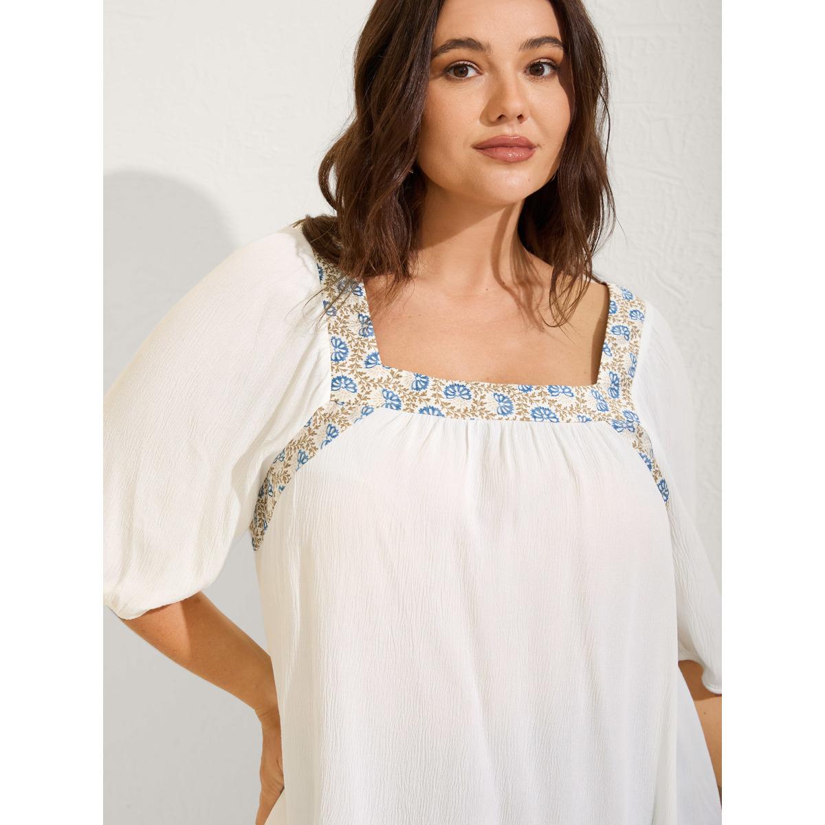 Plus Size Originalwhite Boho Spliced Neck Pleated Plain Blouse Women Elbow-length sleeve Square Neck Vacation Blouses BloomChic 28/5X Product Image