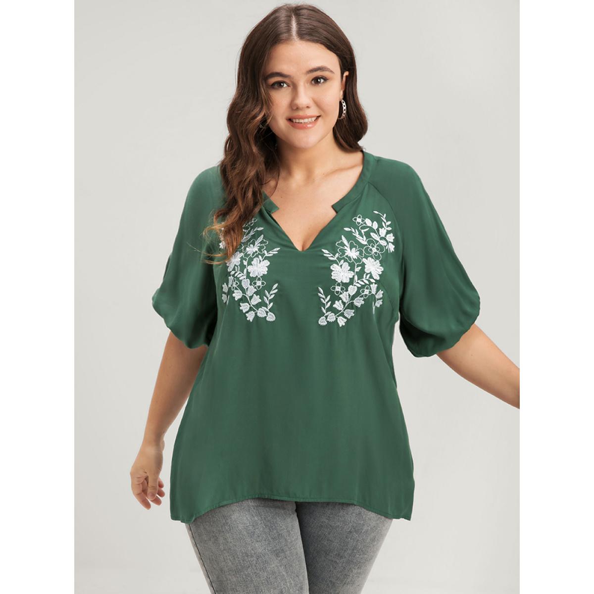 Plus Size Green Floral Embroidered Puff Sleeve V Neck Blouse Women Elegant Half Sleeve V-neck Dailywear Blouses BloomChic 10/M Product Image