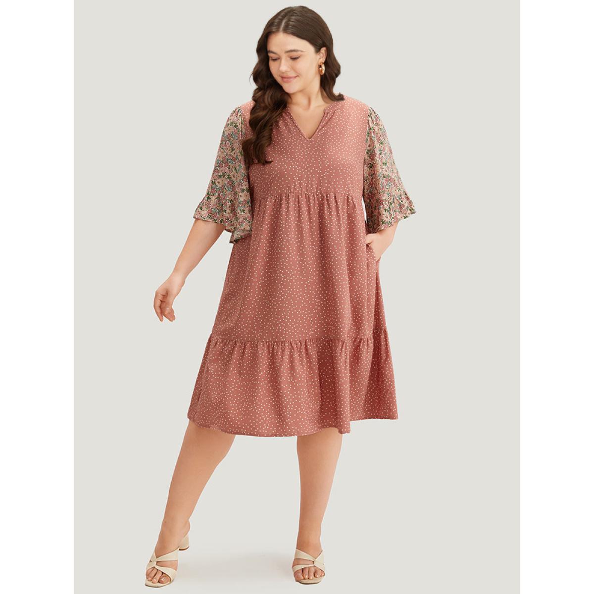 Plus Size Polka Dot & Ditsy Floral Print Notched Flutter Dress Rouge Women Elegant Printed Notched collar Half Sleeve Curvy Midi Dress BloomChic 22-24/3X Product Image