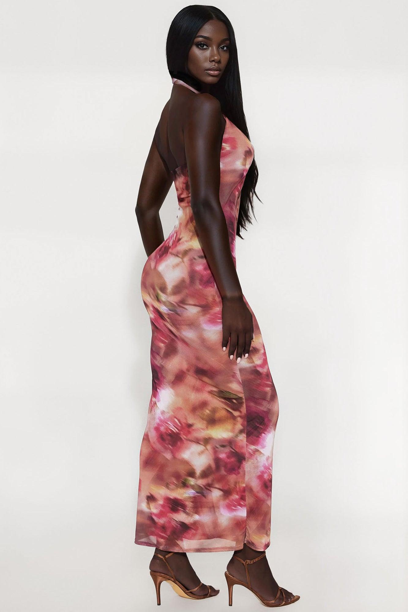 Kaya Mesh Abstract Maxi Dress - Pink/combo Female Product Image