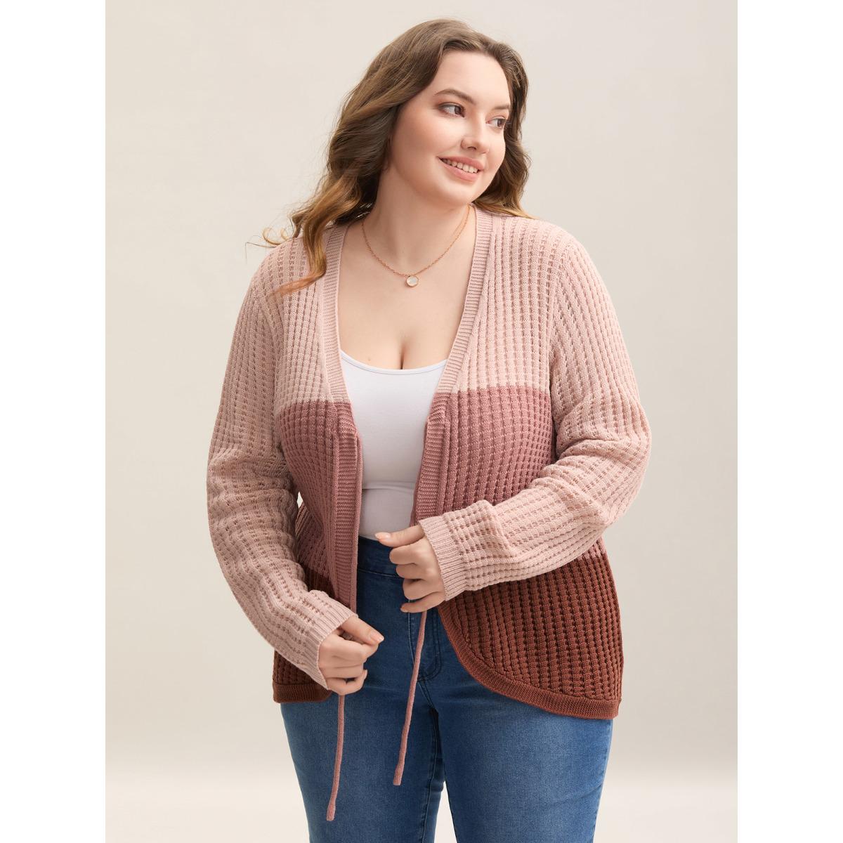 Plus Size Arc Hem Color Block Tie Front Cardigan Rust Women Casual Loose Sleeveless Everyday Cardigans BloomChic 14-16/1X Product Image
