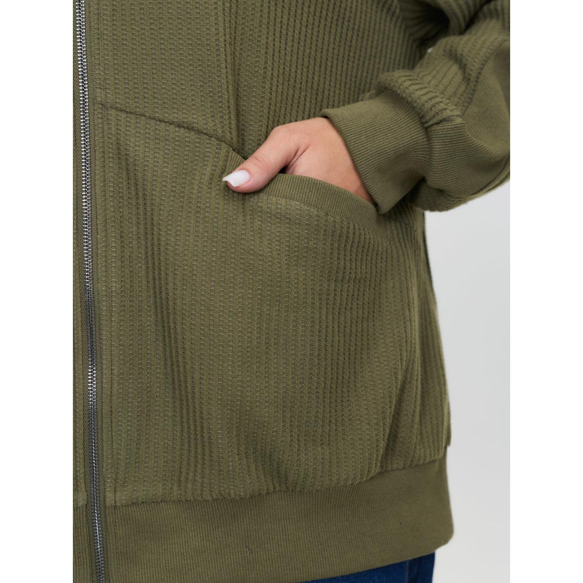 Plus Size Ribbed Texture Pockets Hooded Coat Women ArmyGreen Leisure Texture Ladies Casual Winter Coats BloomChic 14-16/1X Product Image