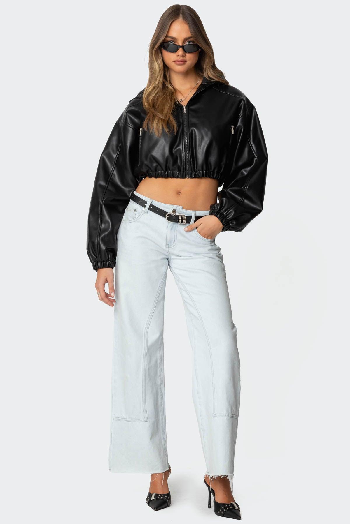 Hooded Faux Leather Cropped Jacket Product Image