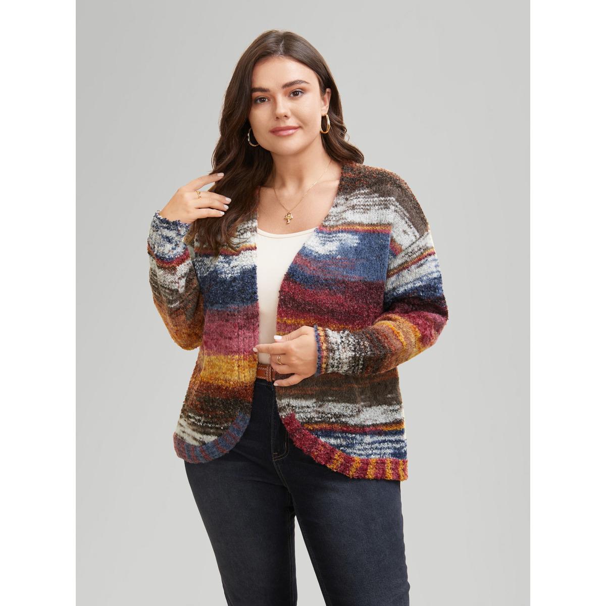 Plus Size Ombre Open Front Curved Hem Cardigan Multicolor Women Leisure Loose Long Sleeve Casual Cardigans BloomChic 12/L Product Image