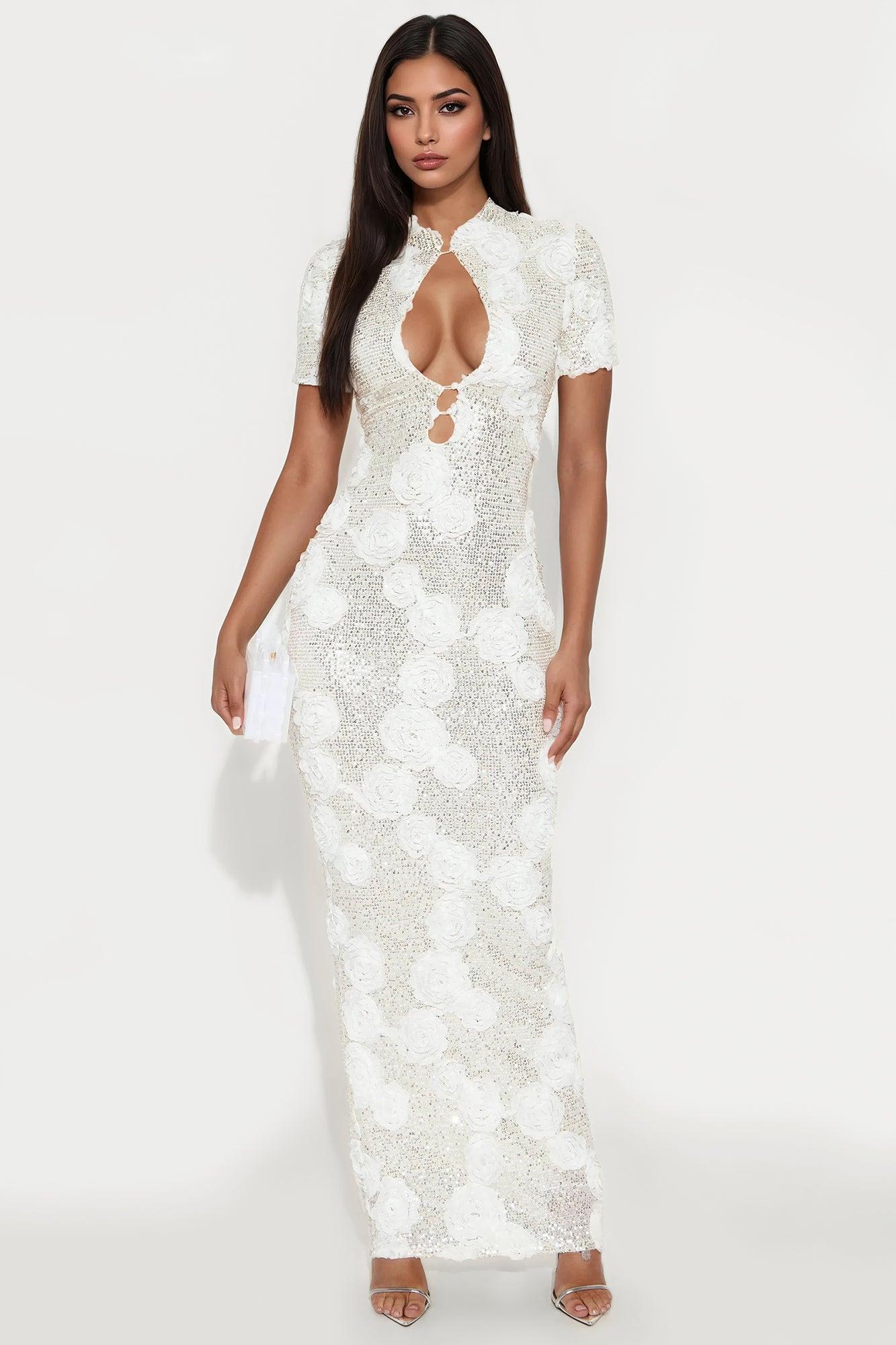 Tayla Mandarin Collar Sequin Gown - Cream Female Product Image