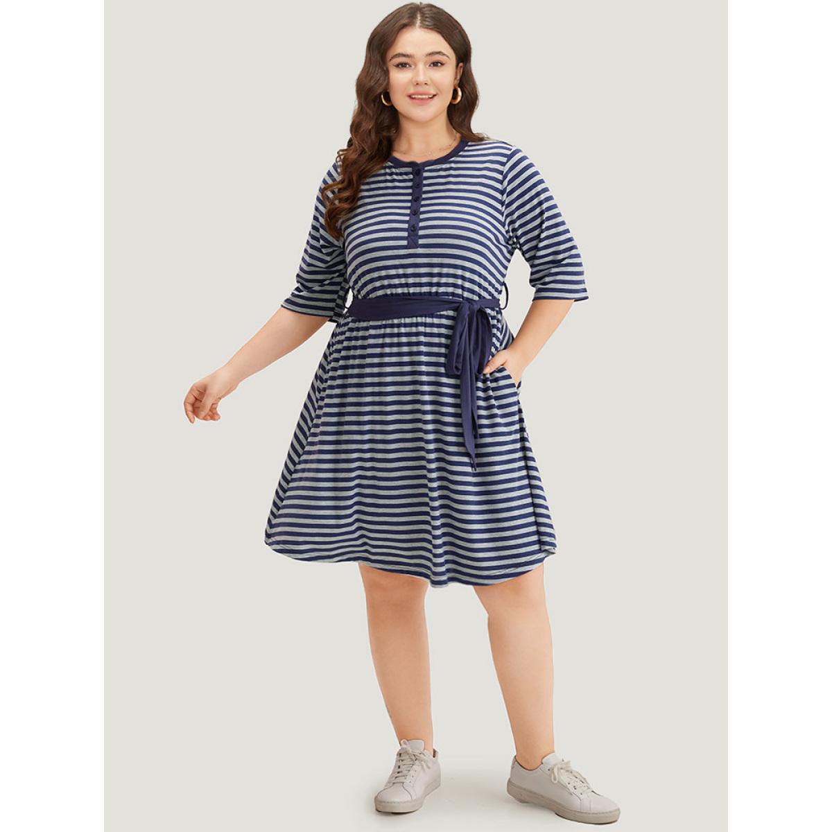 Plus Size Striped Pocket Button Up Belted Crew Neck Dress Indigo Women Casual Belted Round Neck Half Sleeve Curvy Midi Dress BloomChic 14-16/1X Product Image