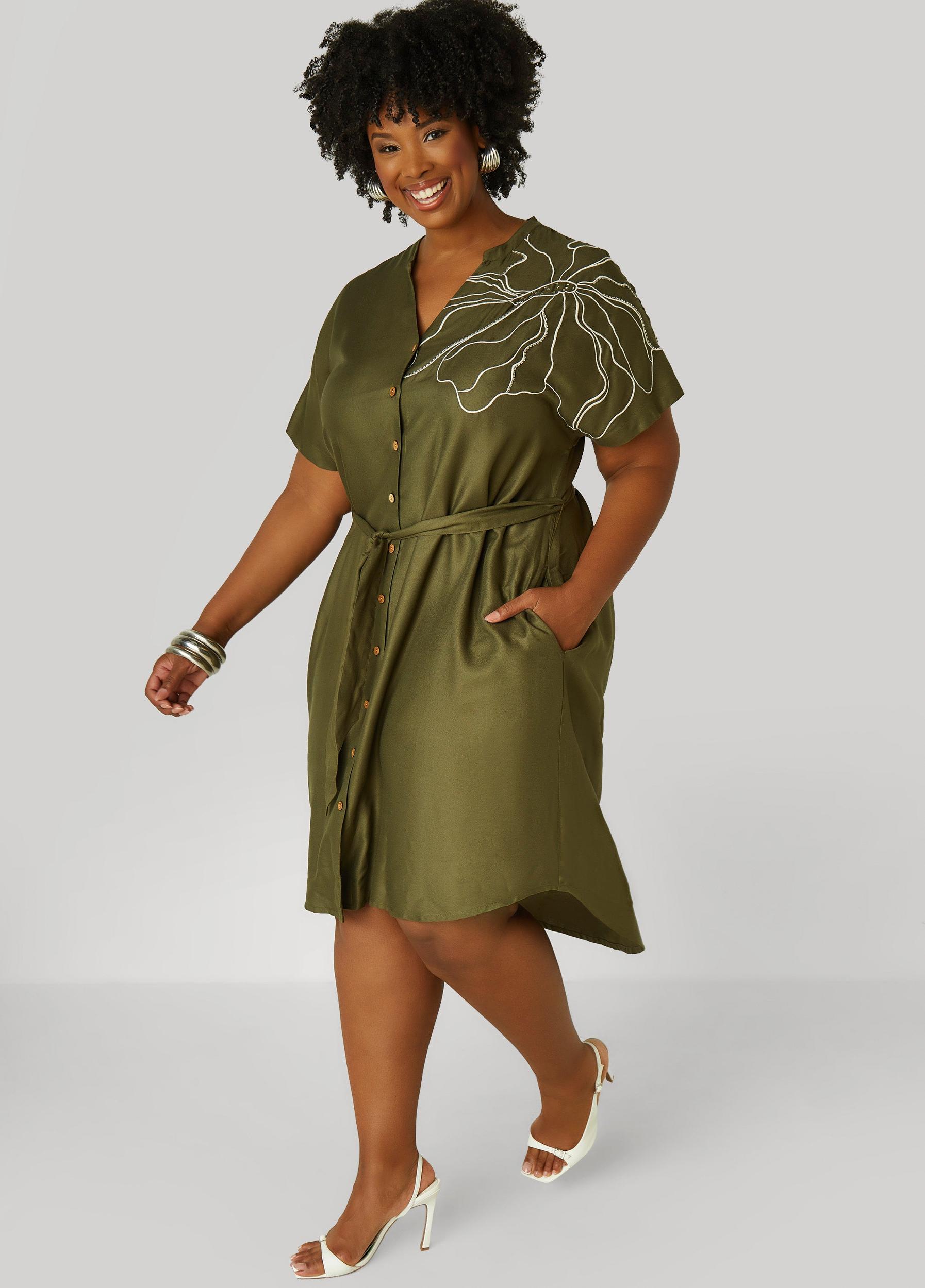 Embroidered Beaded Midi Shirtdress Product Image