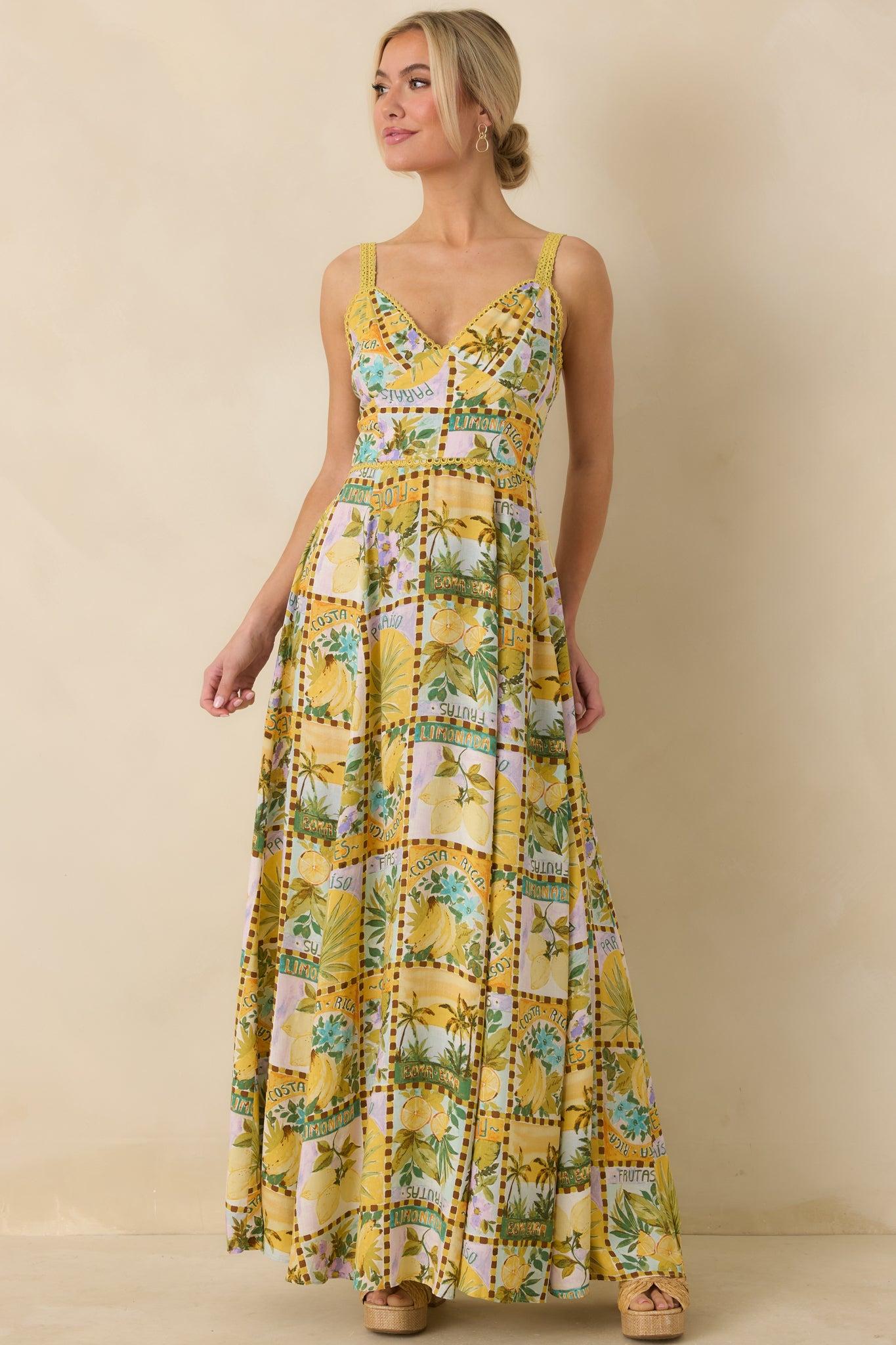 One To Remember Yellow Tropical Print Linen Blend Maxi Dress Product Image