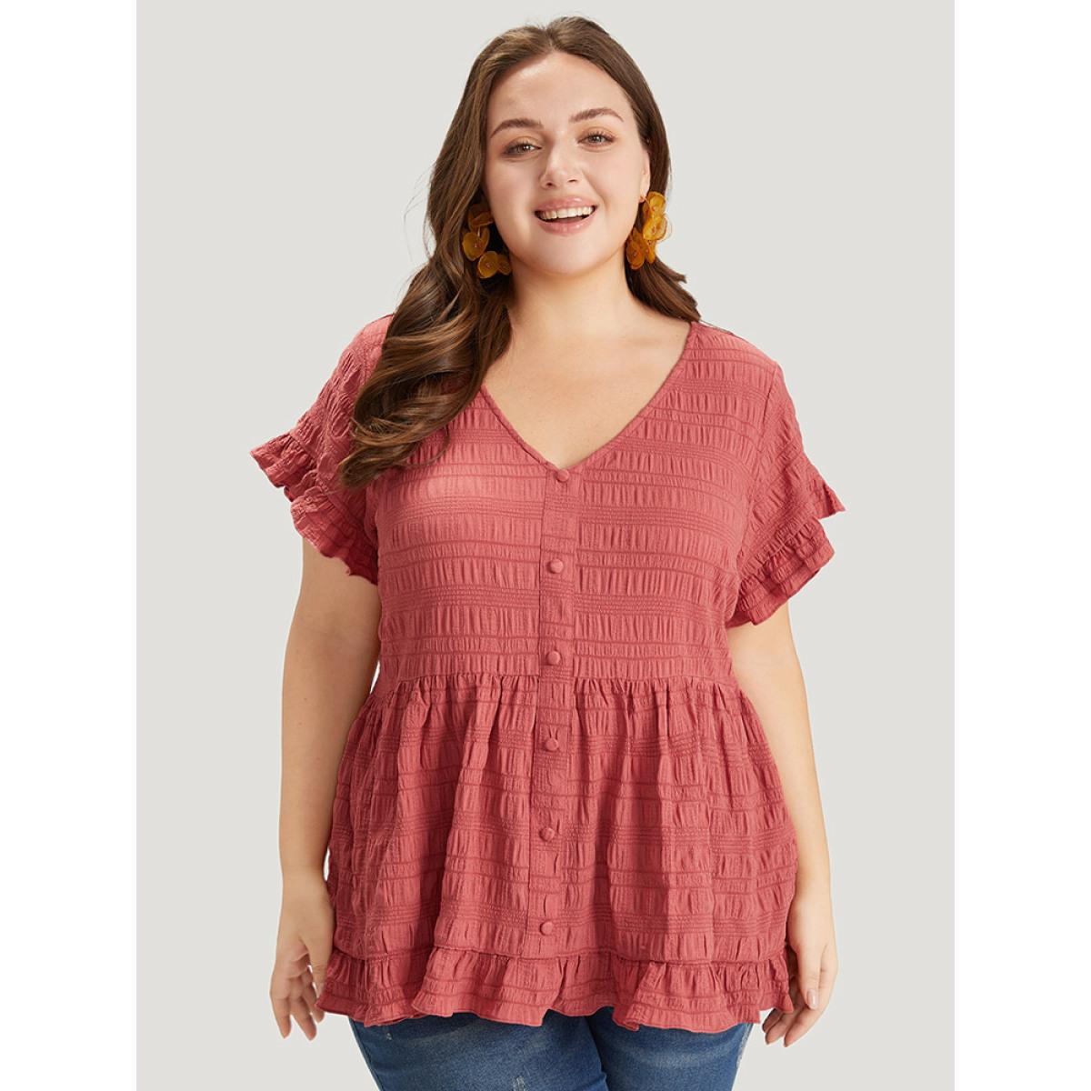 Plus Size Coral Plain Textured Button Detail Ruffle Sleeve Blouse Women Elegant Short sleeve V-neck Dailywear Blouses BloomChic 18-20/2X Product Image