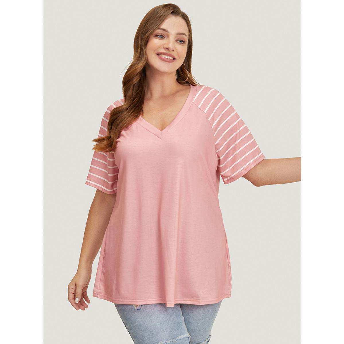 Plus Size Striped Contrast Raglan Sleeve V Neck T-shirt Crepe Women Casual Patchwork Striped V-neck Dailywear T-shirts BloomChic 12/L Product Image