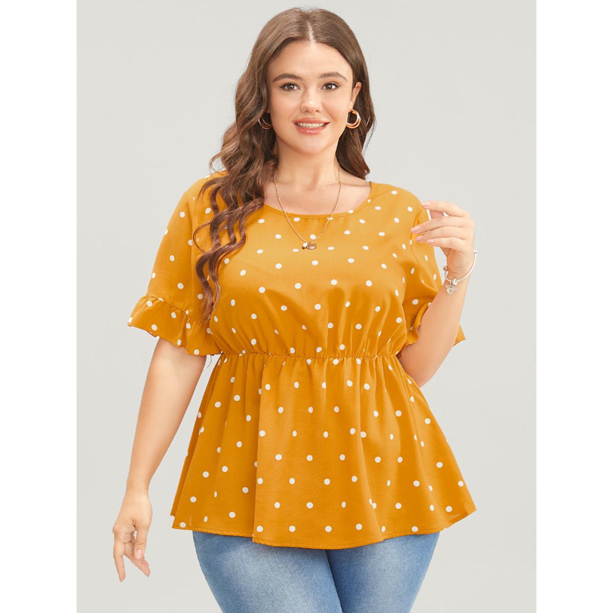 Plus Size Orange Polka Dot Crisscross Back Ruffles Trim T-shirt Women Elegant Short sleeve Round Neck Dailywear Blouses BloomChic 12/L Product Image