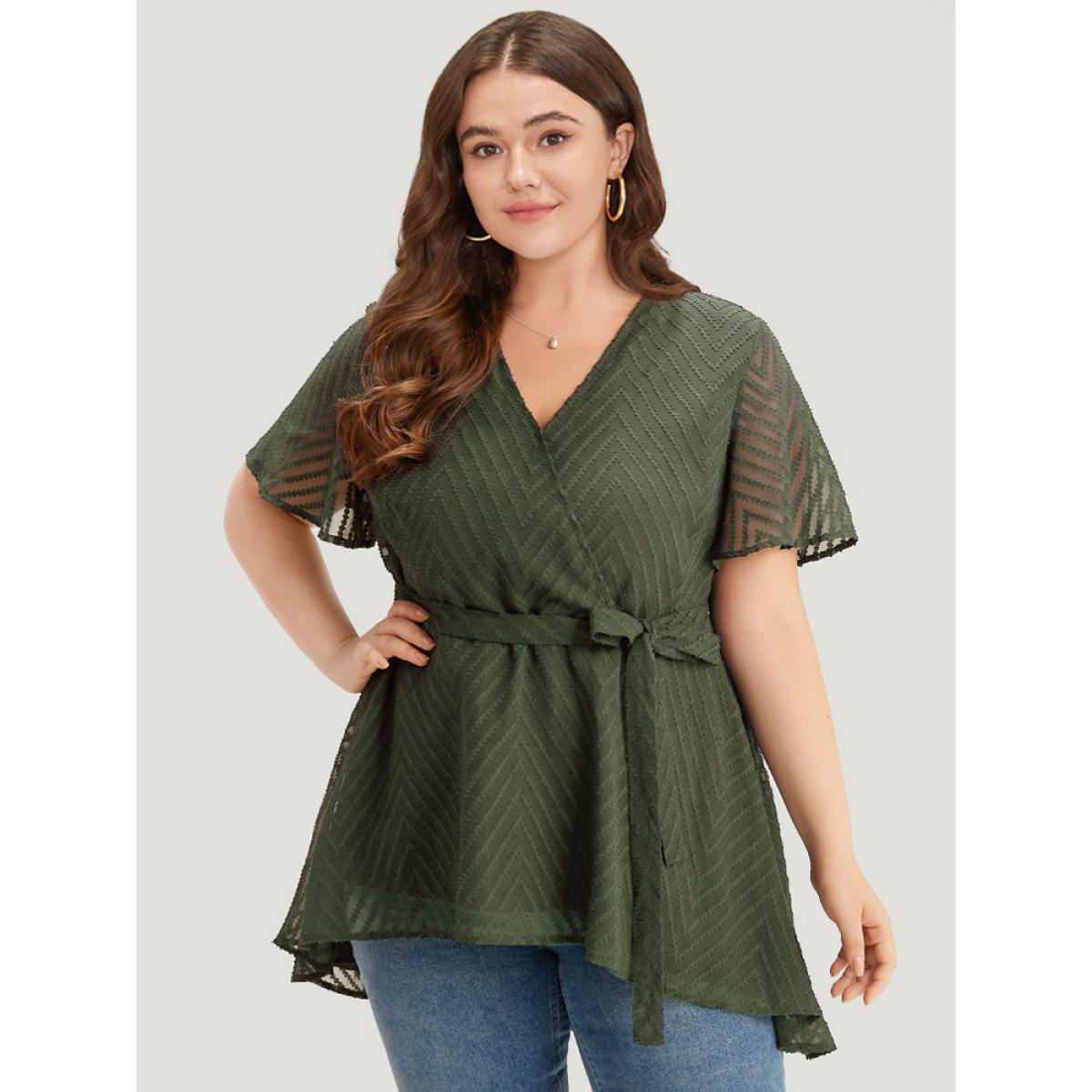 Plus Size ArmyGreen Plain Textured Belted Wrap Mesh Flutter Sleeve Blouse Women Elegant Short sleeve V-neck Dailywear Blouses BloomChic 12/L Product Image