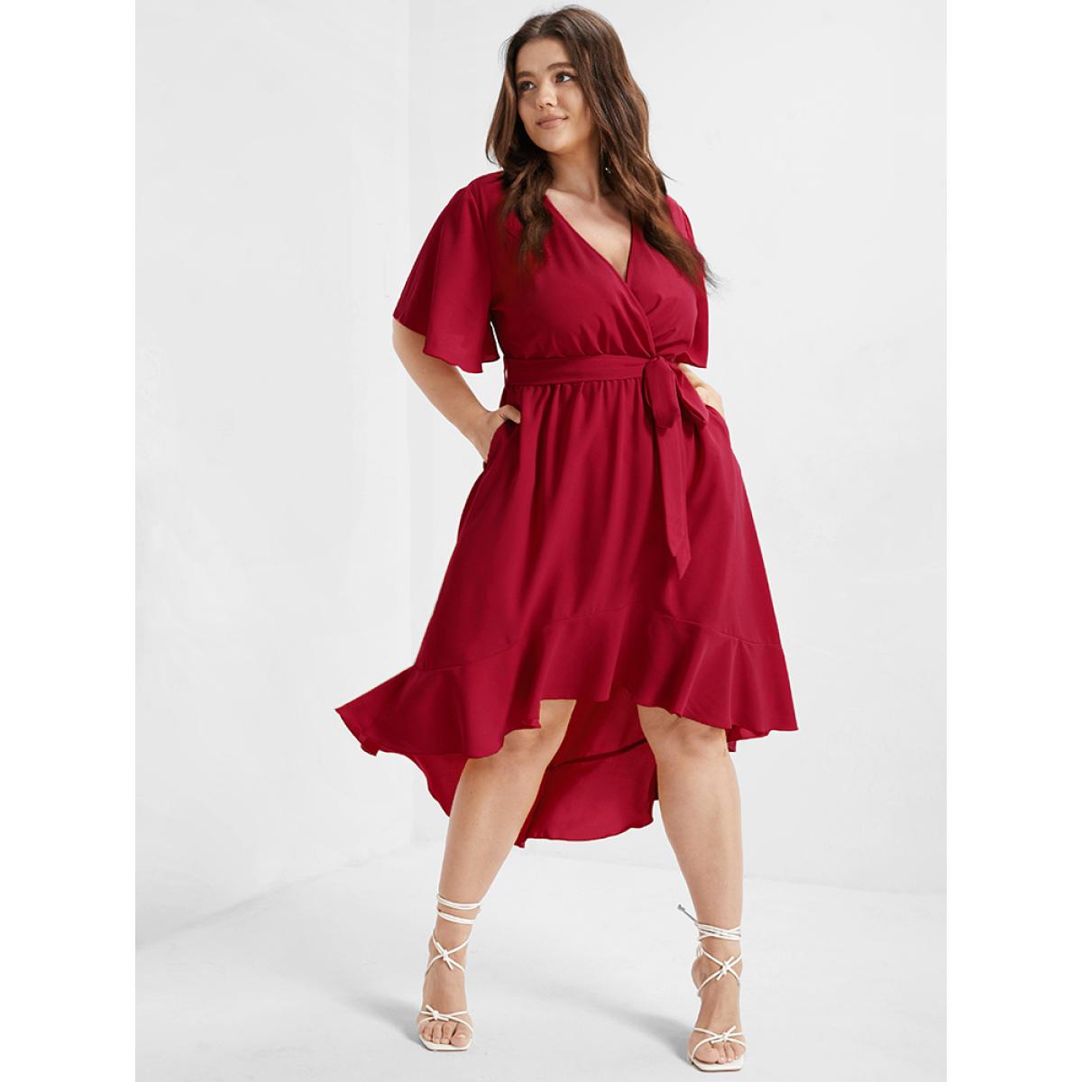 Plus Size Bloom Dress - Solid Tie Surplice Ruffle High Low Dress Burgundy Women Elegant Cross straps V-neck Short sleeve Curvy Midi Dress BloomChic 14/1X Product Image