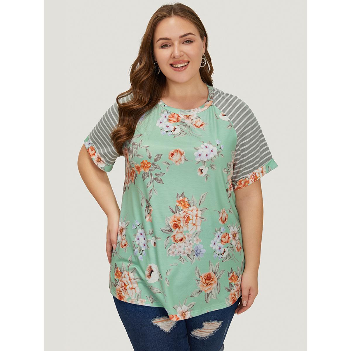 Plus Size Floral & Striped Print Patchwork Roll Raglan Sleeve T-shirt Mint Women Elegant Patchwork Striped Round Neck Dailywear T-shirts BloomChic 18-20/2X Product Image