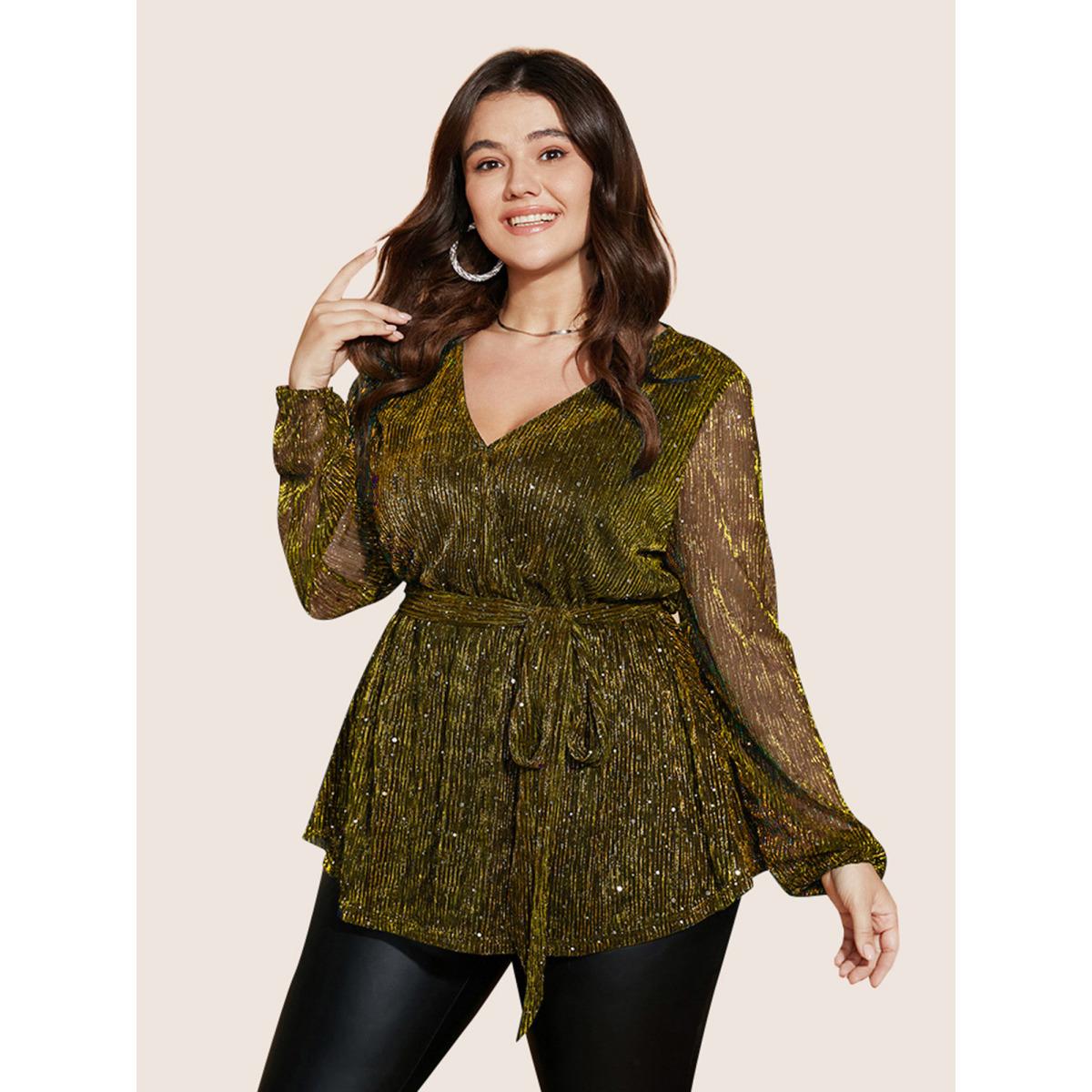 Plus Size Gold Sequin Mesh Lantern Sleeve Wrap Belted Striped Blouse Women Party&Cocktail Long Sleeve Overlap Collar Party Blouses BloomChic 26/4X Product Image